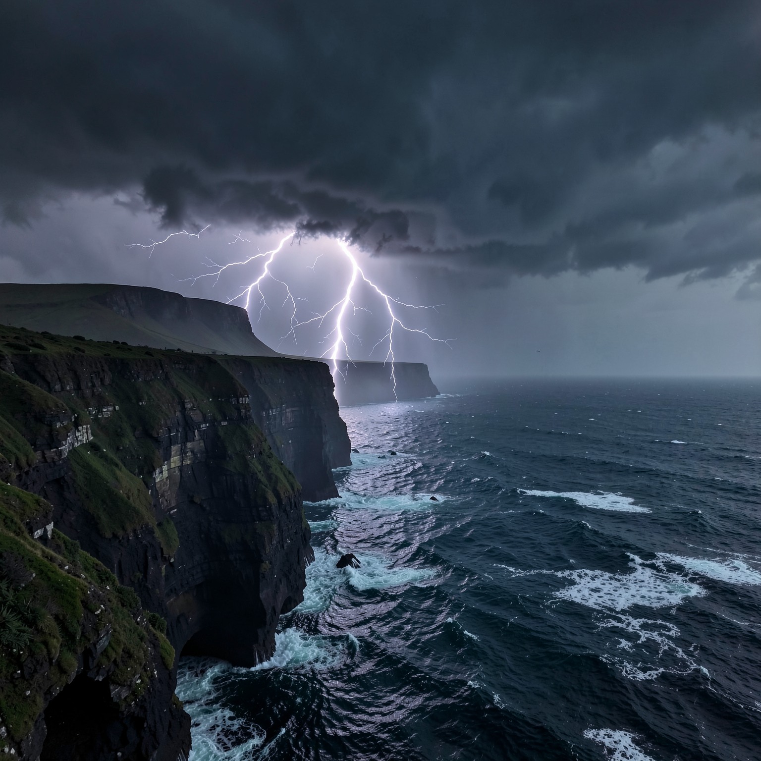 realistic thunderstorm above giant ocean cliffs