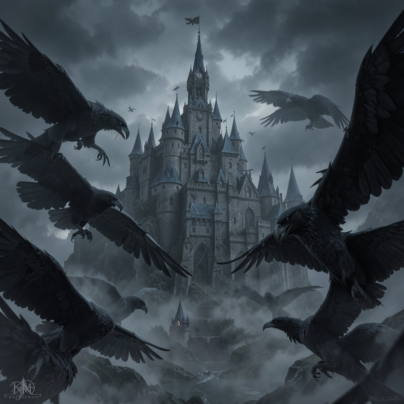 Dark fantasy castle surrounded by giant ravens and fog