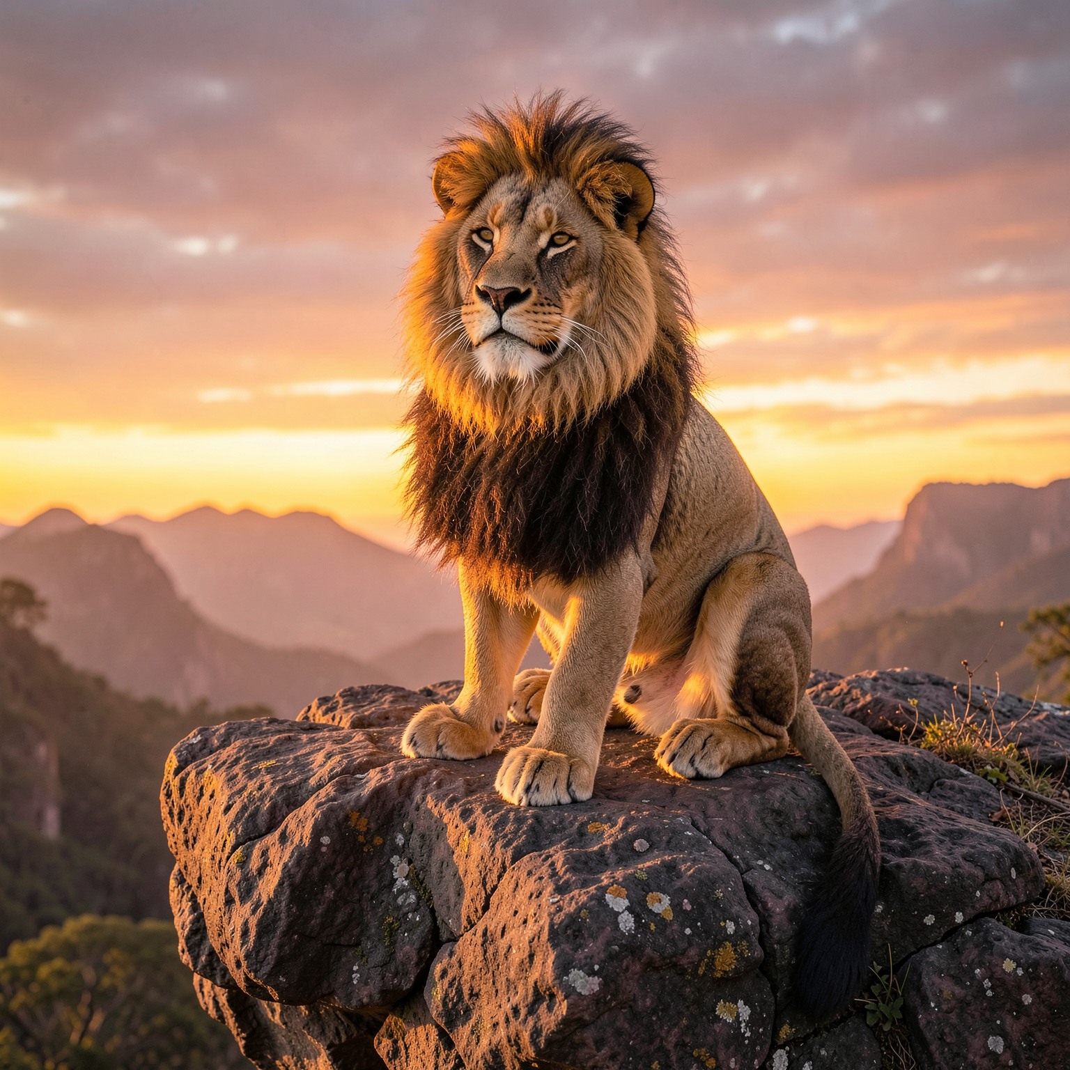 realistic lion king sitting on rocky cliff during sunrise