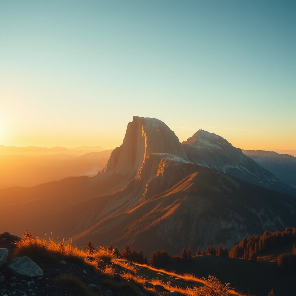 Photo-realistic editorial photography, realistic scene representing golden hour mountain landscape