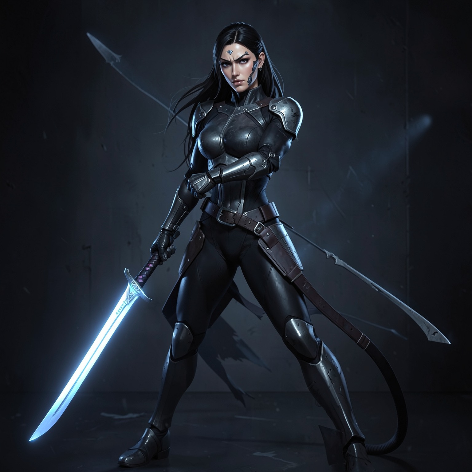 futuristic female assassin with glowing katana