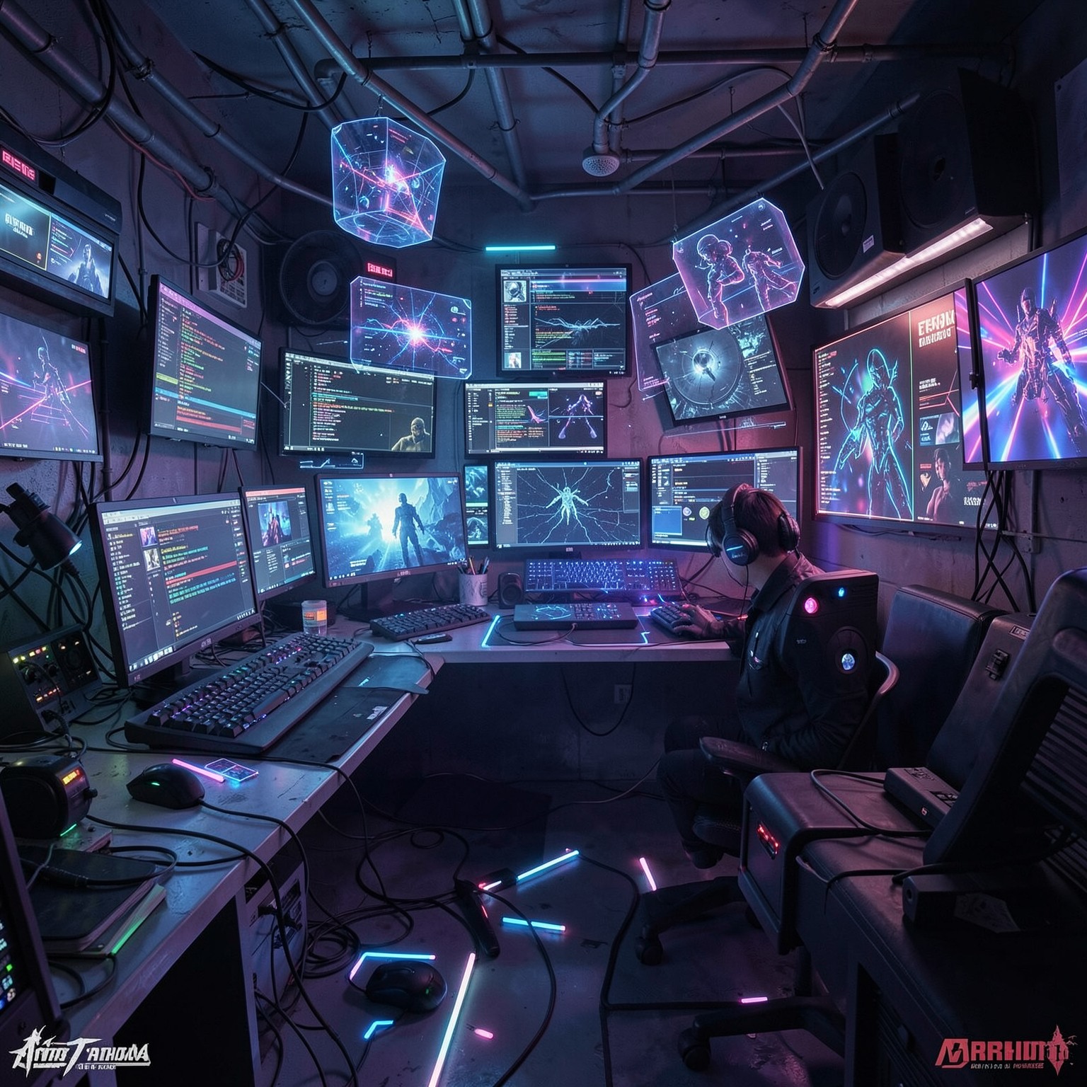 cyberpunk hacker room full of RGB screens and holograms