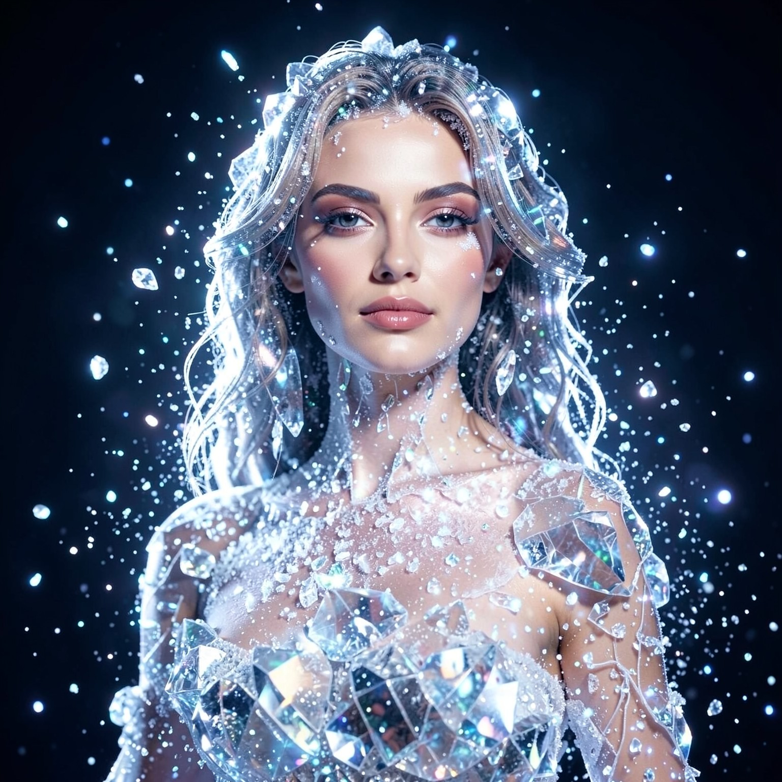 beautiful woman made of crystal and glowing particles