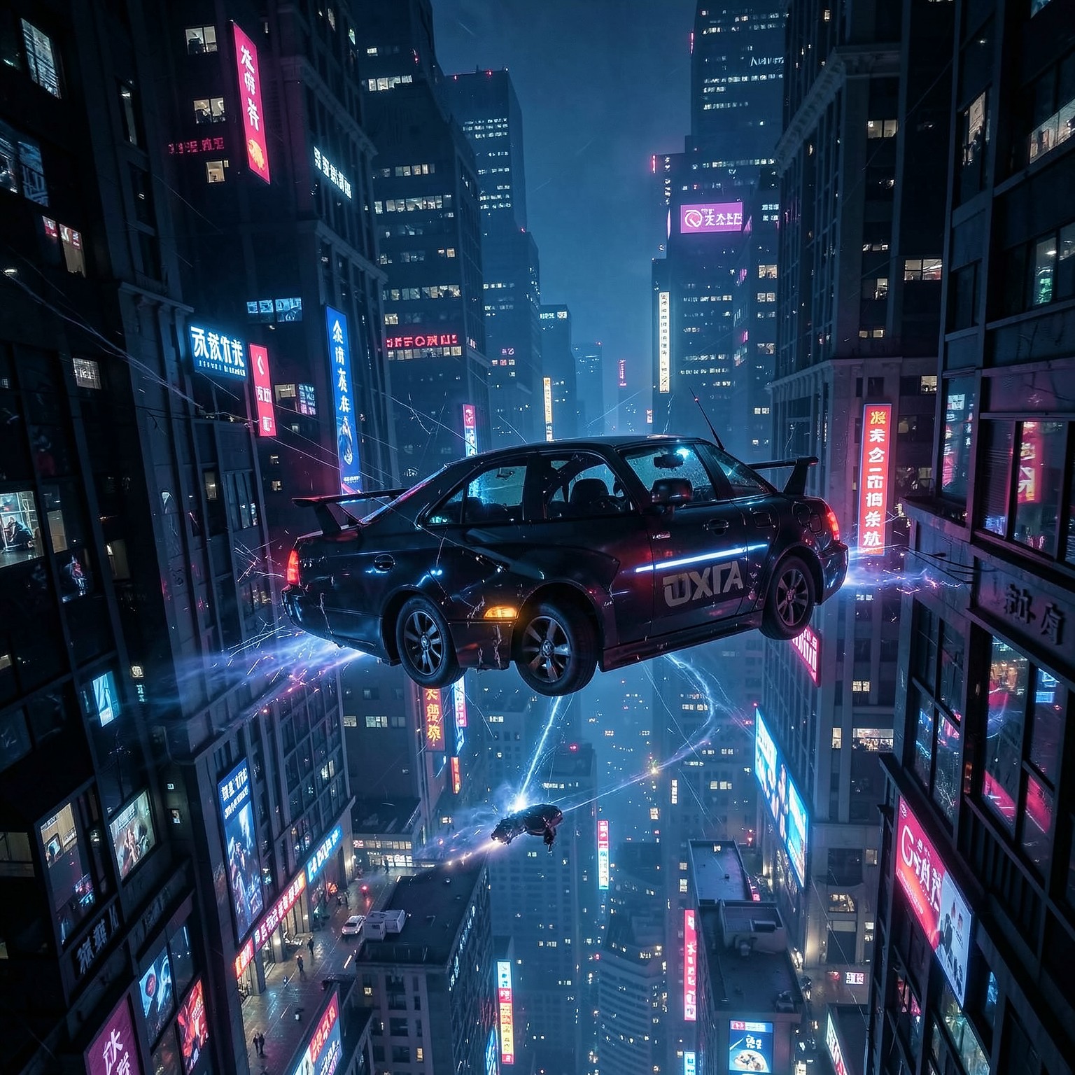 cyberpunk taxi flying between skyscrapers at night