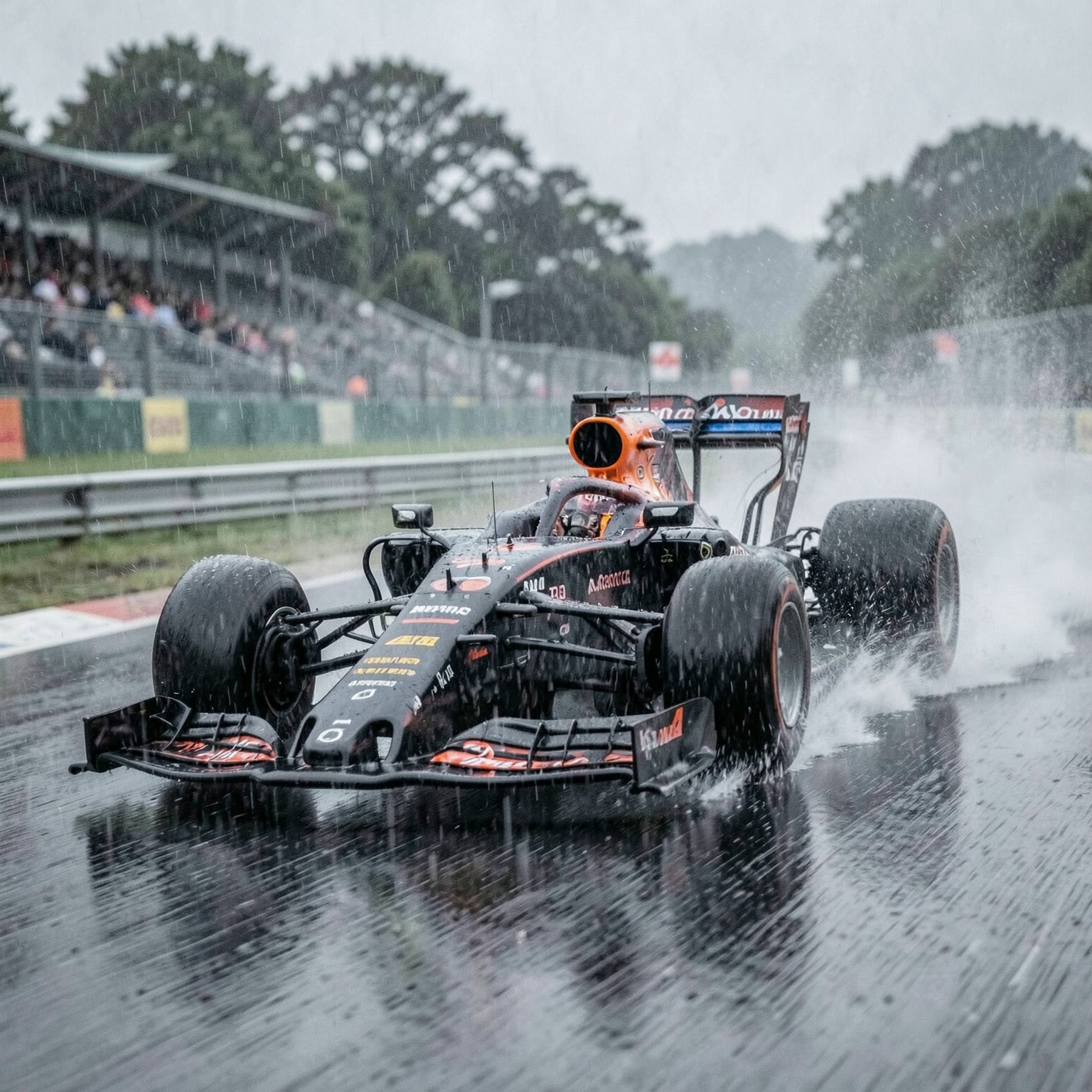 realistic Formula 1 car racing through rain at high speed