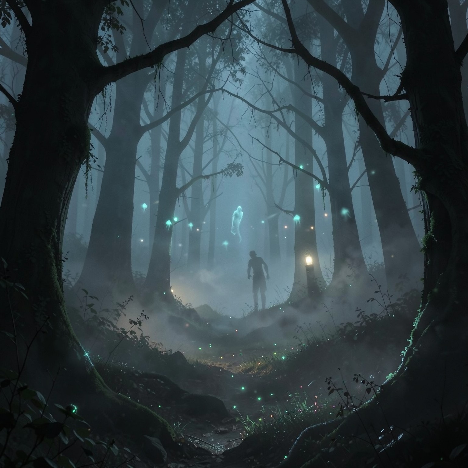 Haunted forest with ghost lights and fog