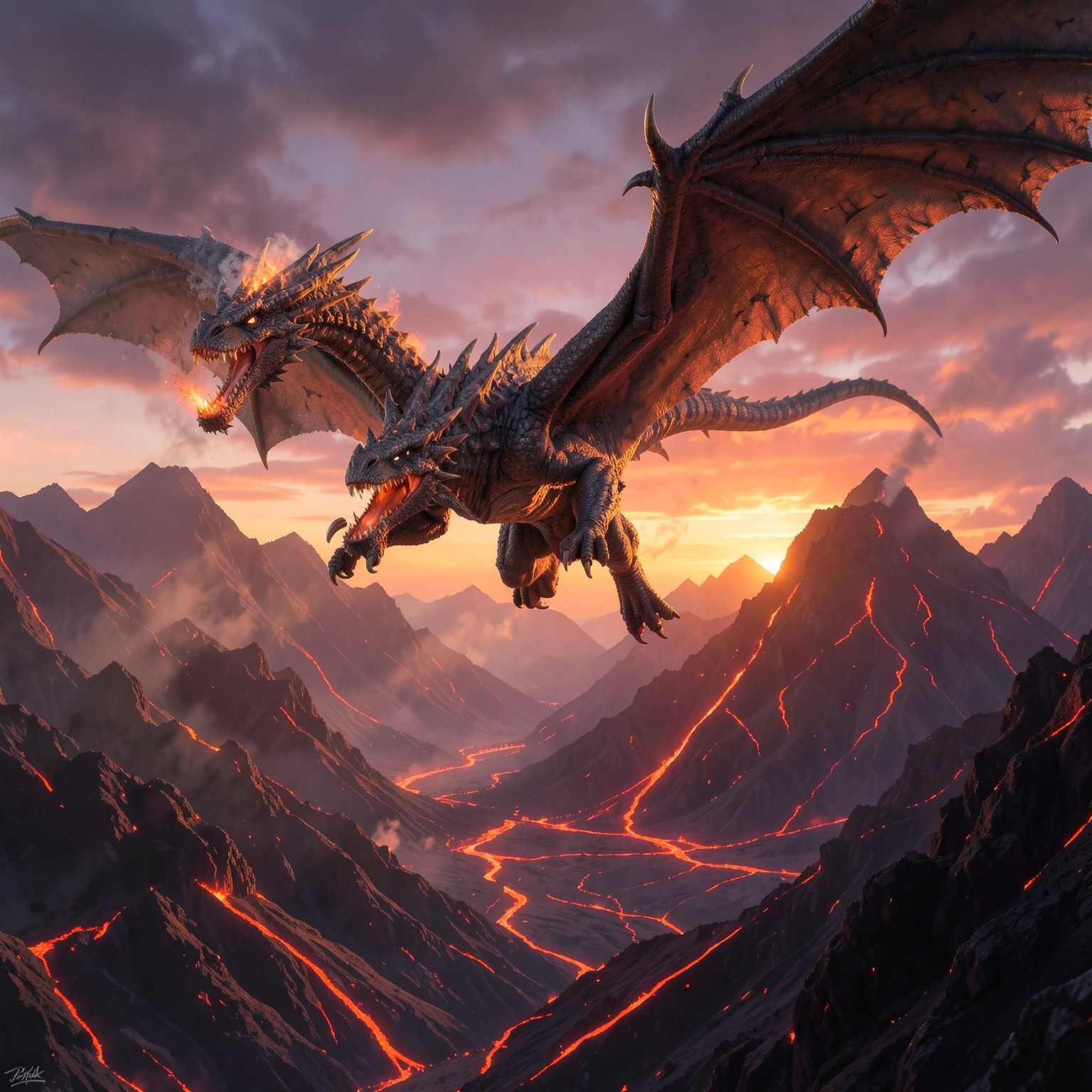 ultra detailed dragon flying above volcanic mountains at sunset