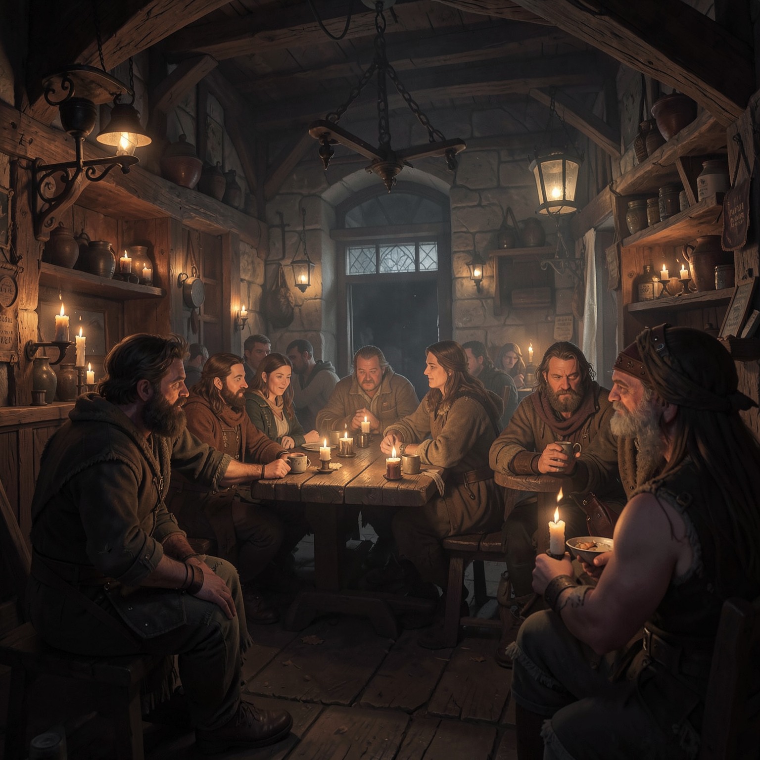 medieval tavern full of adventurers and candles