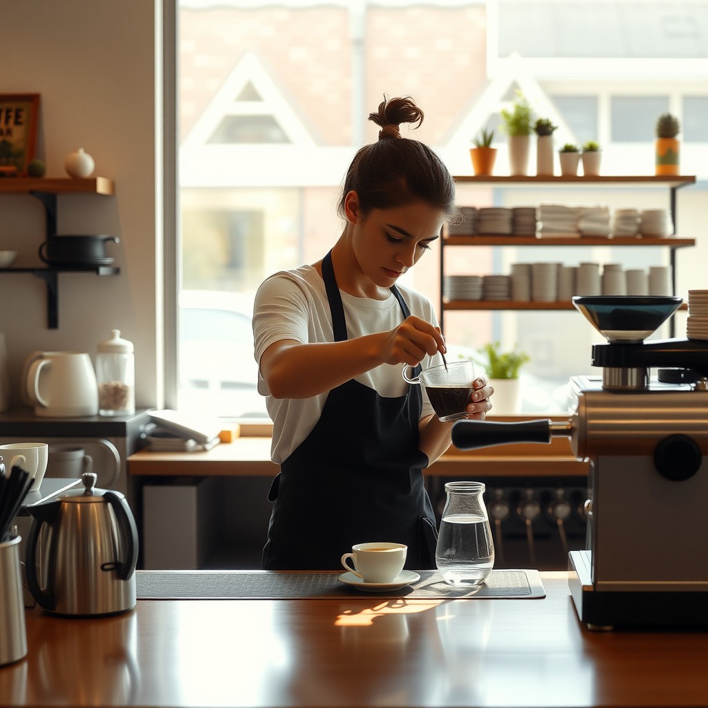 Photo-realistic editorial photography, realistic scene representing a café barista preparing coffee, natural light