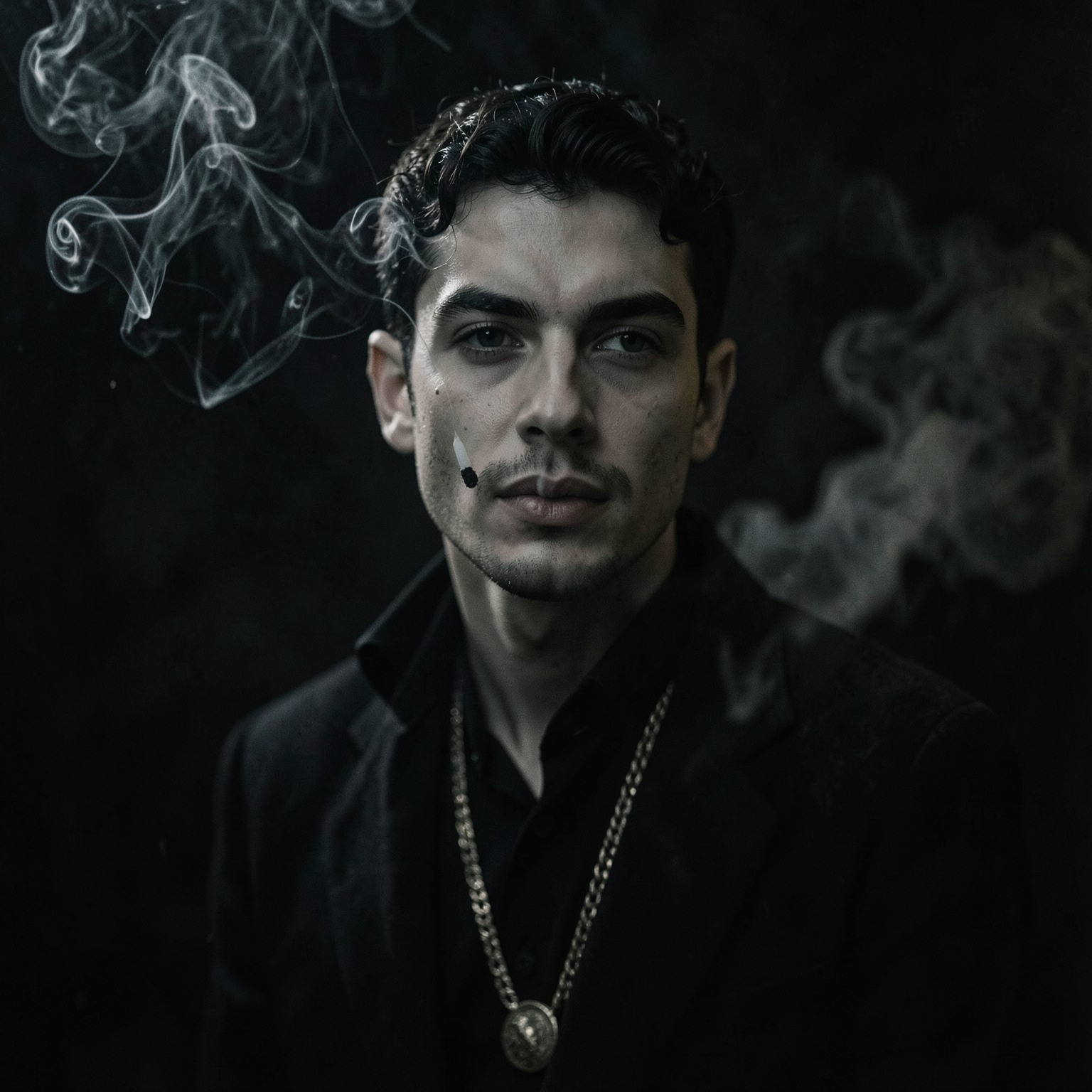 Moody fashion portrait with cigarette smoke atmosphere, noir cinematic aesthetic