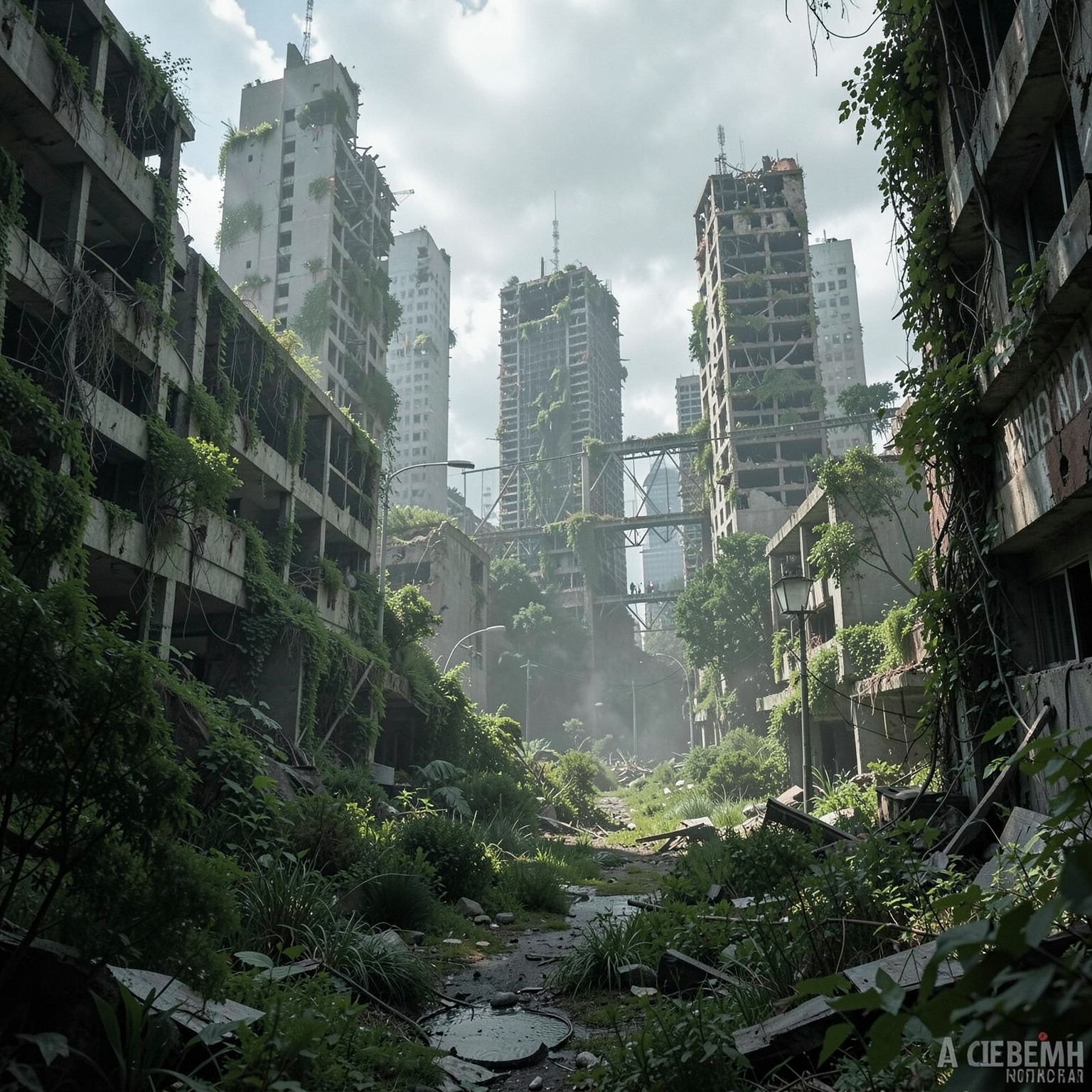 post-apocalyptic city with overgrown vegetation and destroyed skyscrapers