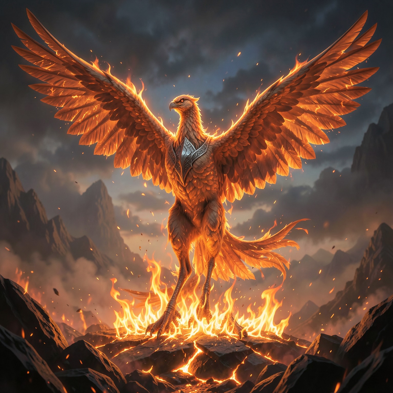 fantasy phoenix rising from fire with cinematic flames