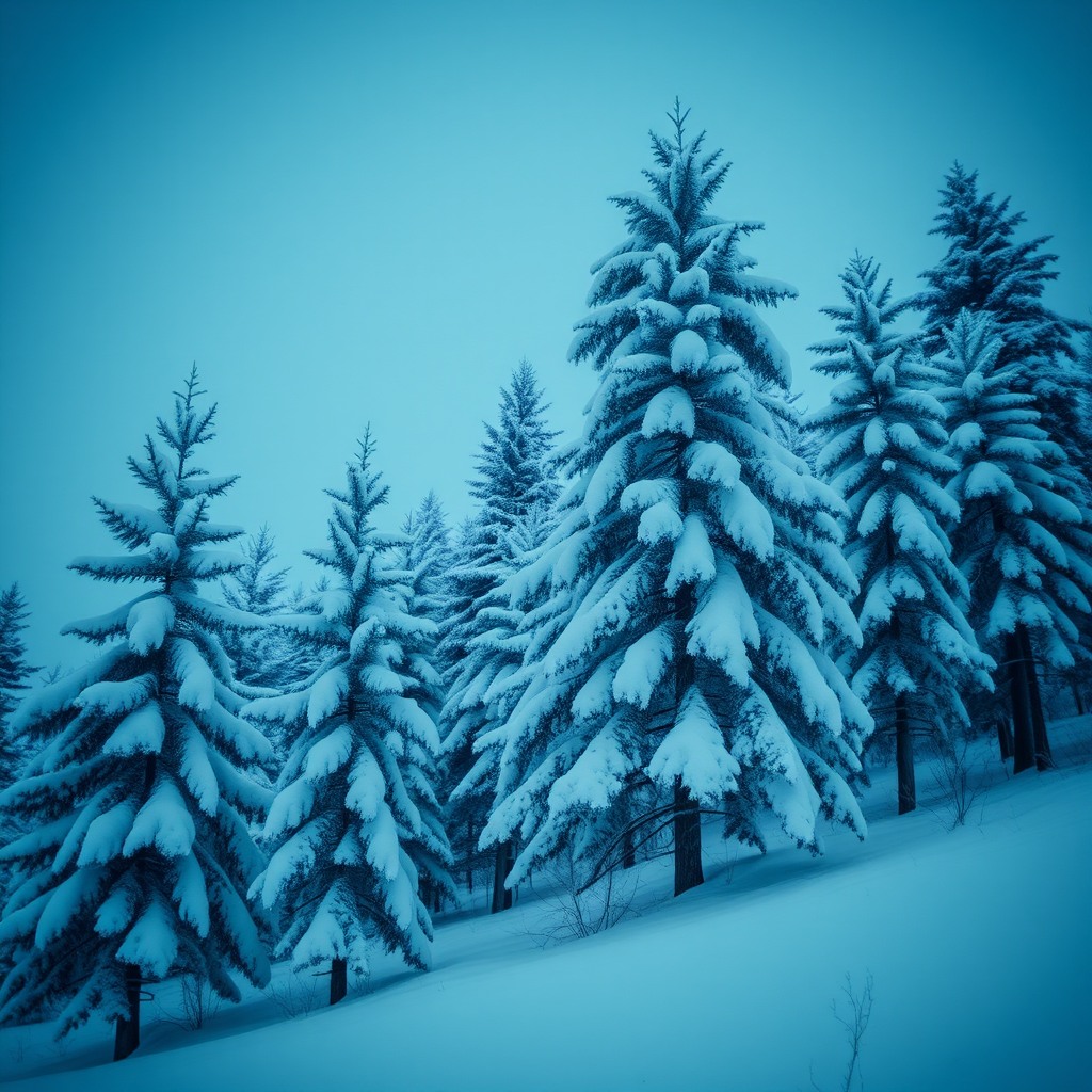 winter landscape with snowy pine trees, cold blue tones, cinematic mood