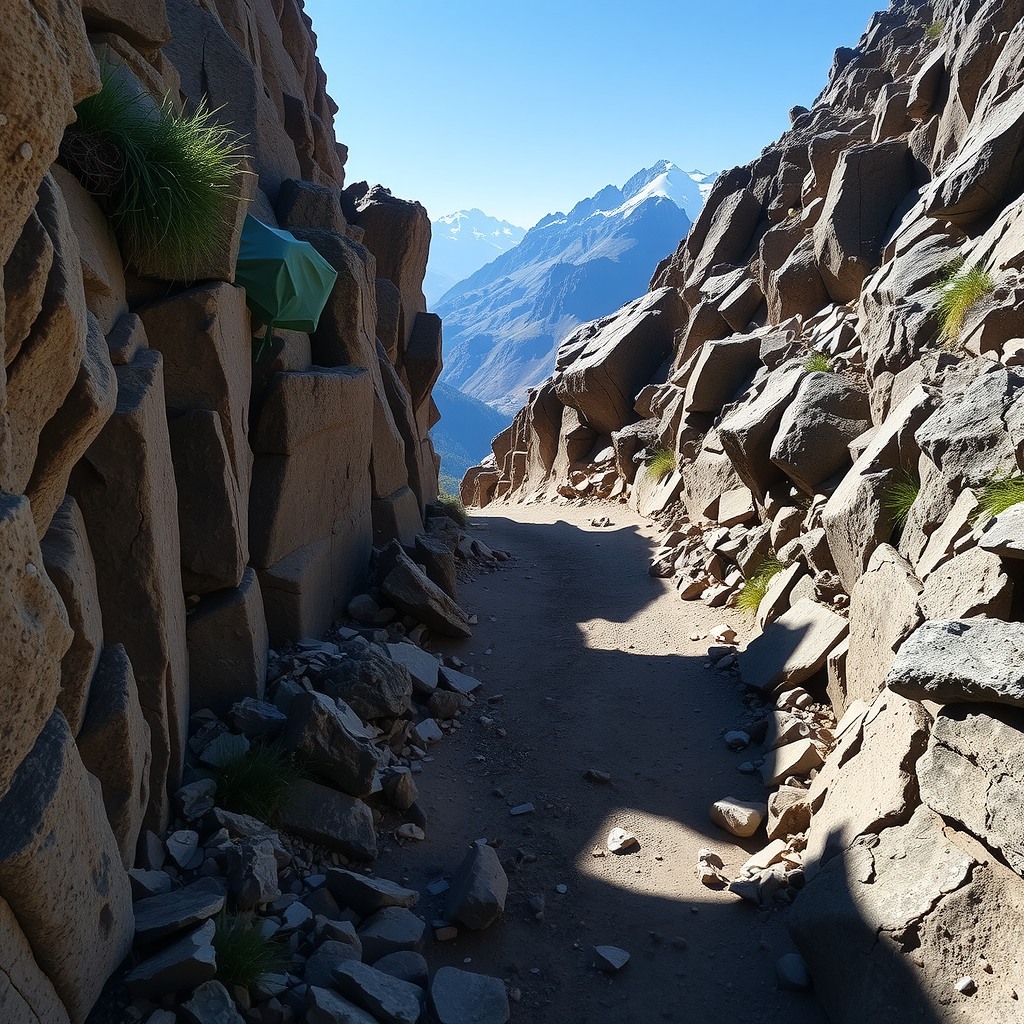 Photo-realistic view of a narrow mountain trail cutting through rocky terrain, natural shadows