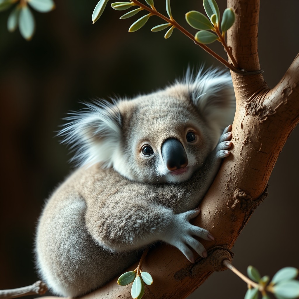 adorable baby koala, hugging branch, soft eucalyptus tones, cozy lighting