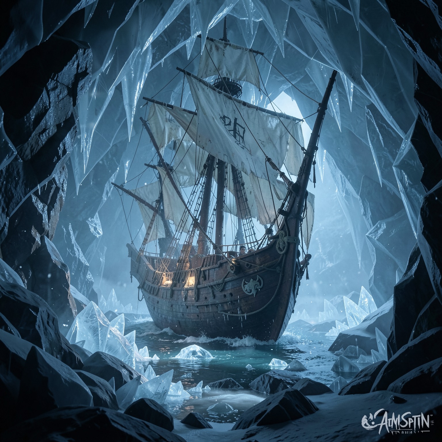 Viking ship trapped inside frozen crystal cave, cinematic lighting