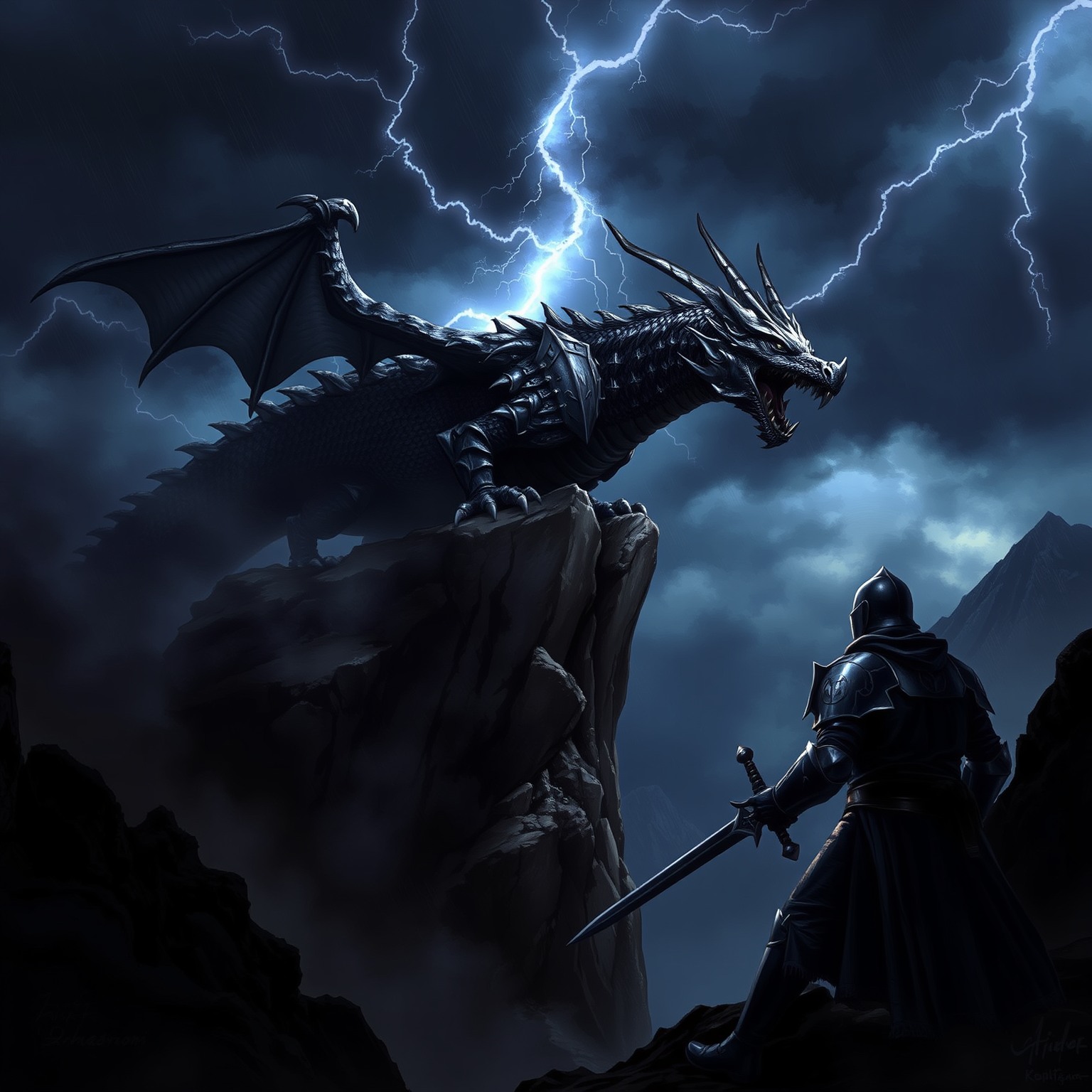 A fierce armored dragon on a jagged cliff with a stormy background and a knight.