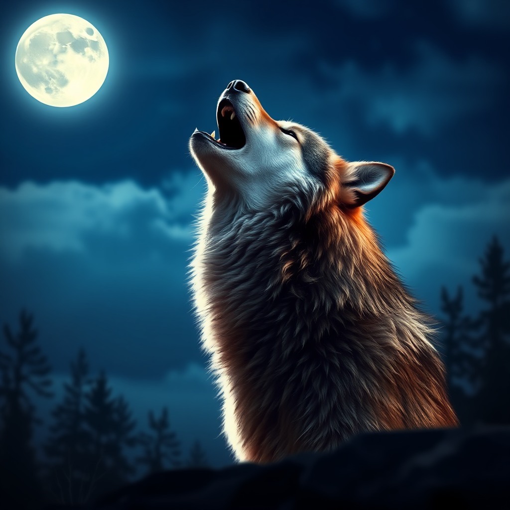 wild wolf howling at full moon, cinematic night scene