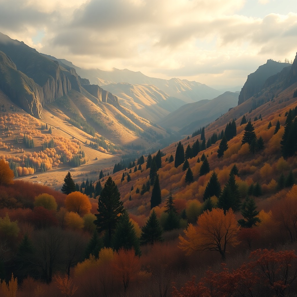 Photo-realistic editorial photography, realistic scene representing autumn valley