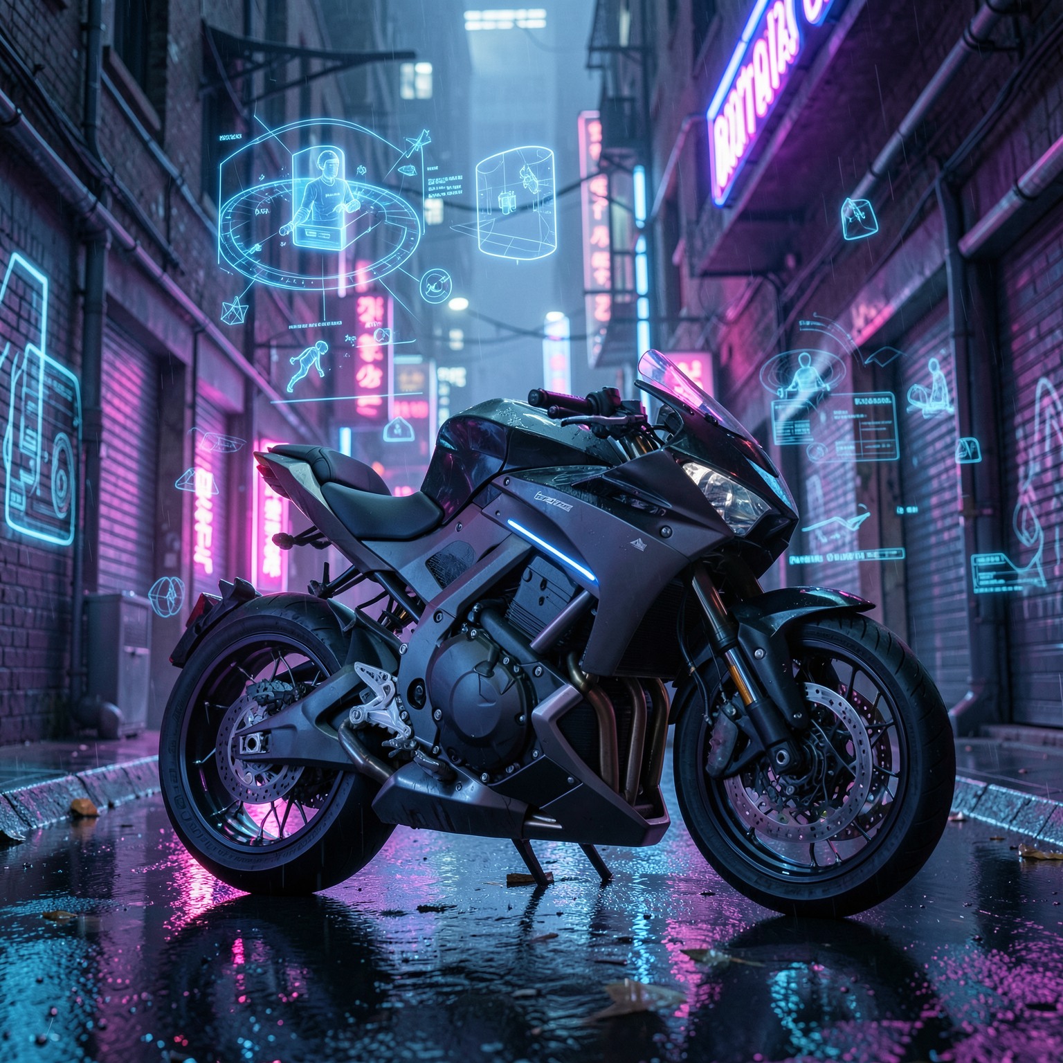 futuristic motorcycle parked in neon alley with holograms