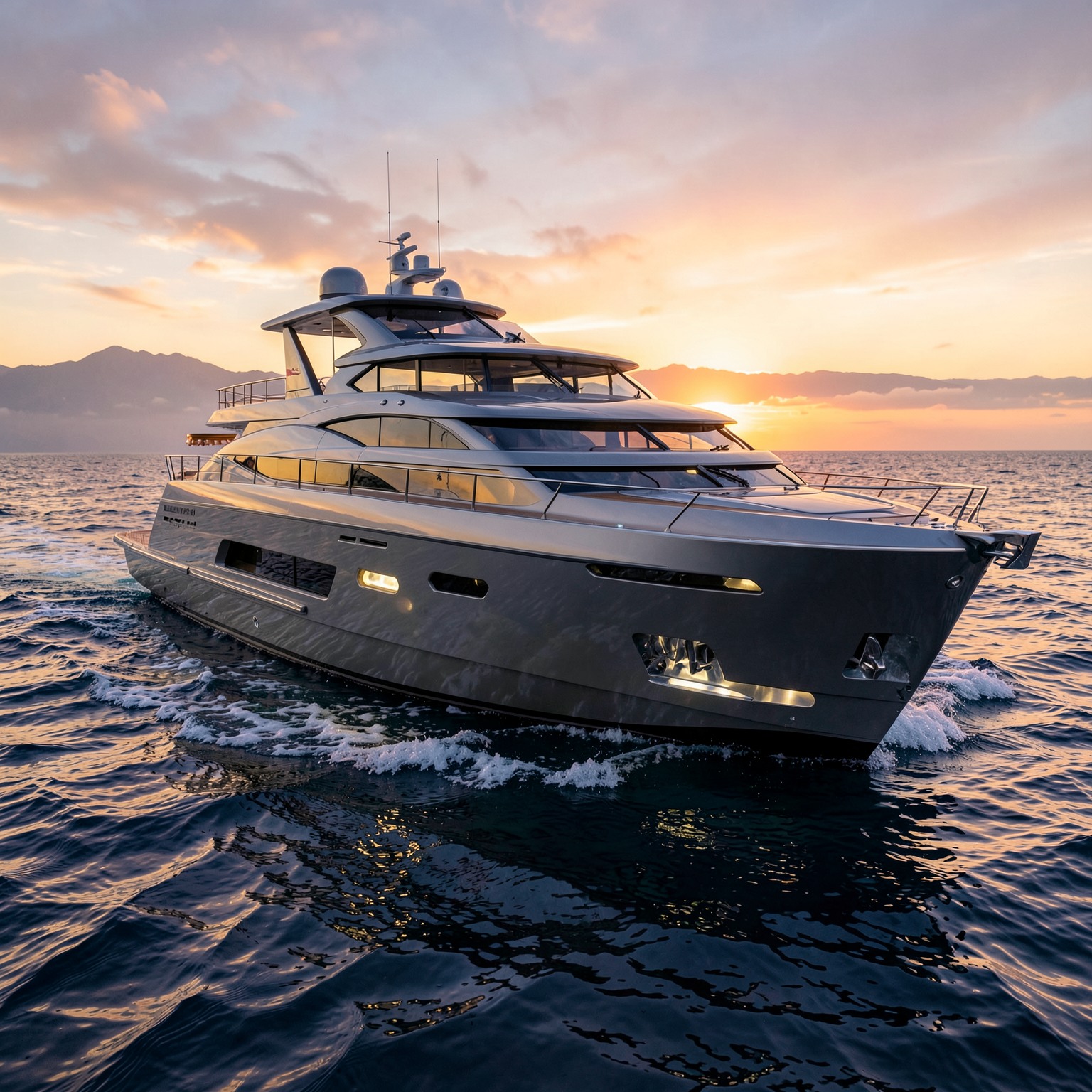 futuristic luxury yacht sailing at sunset