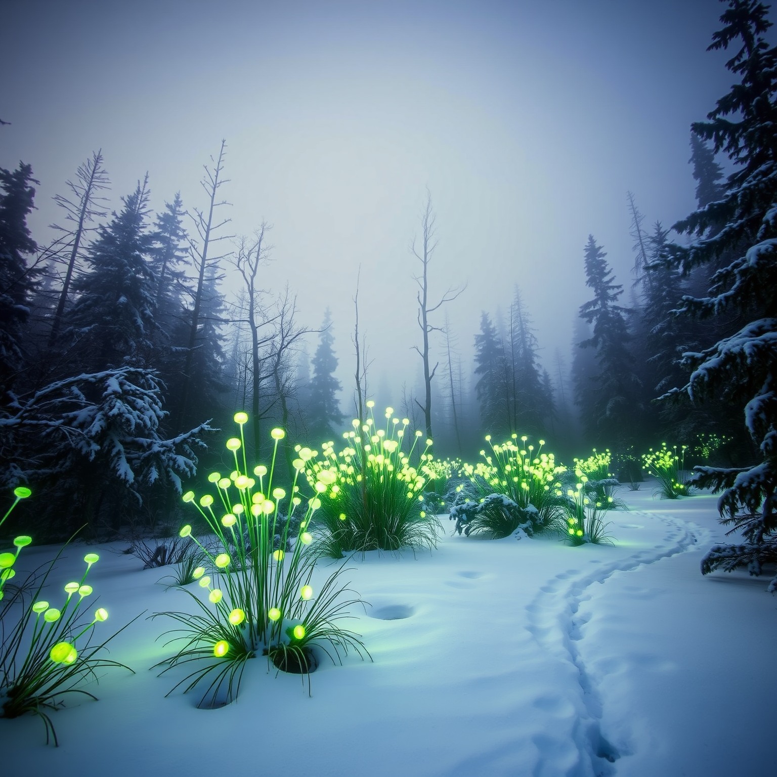 A serene winter forest with glow-in-the-dark plants and fresh snow.