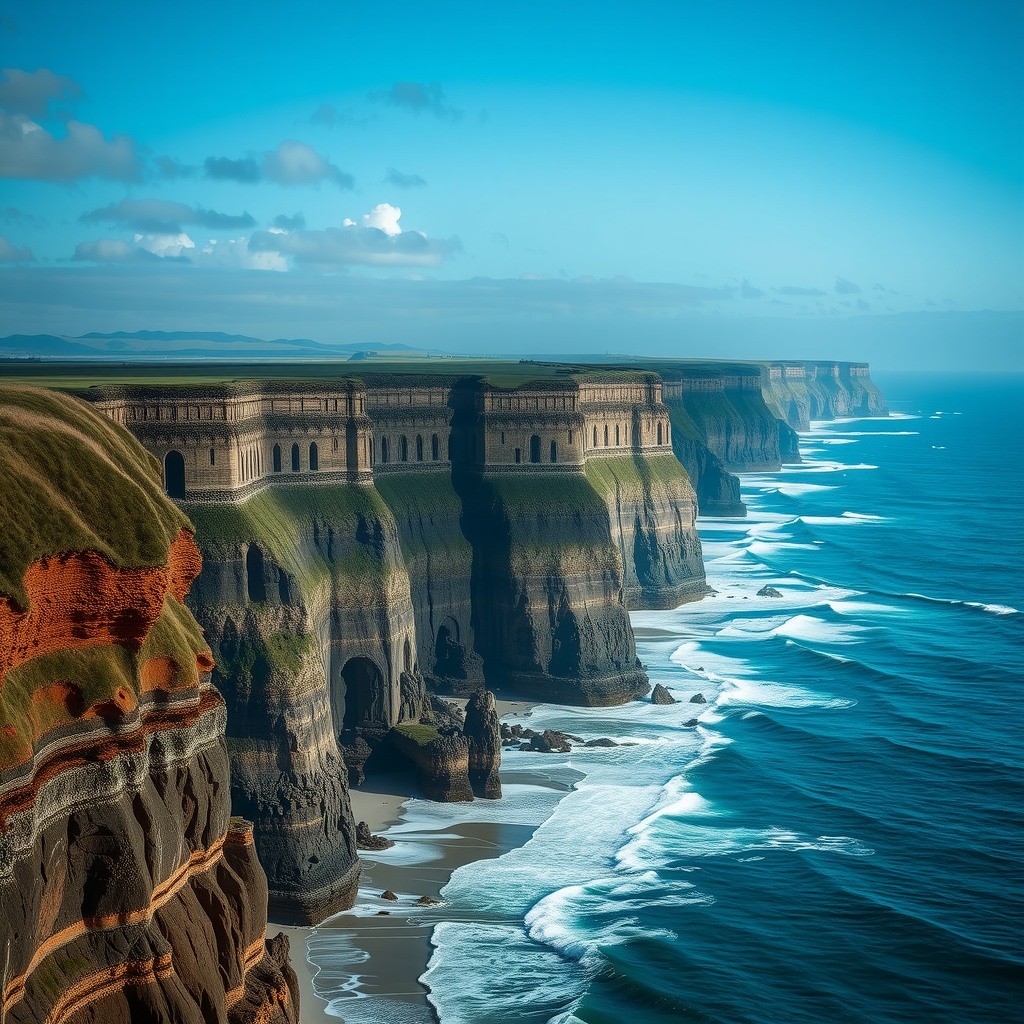 Photo-realistic editorial photography, realistic scene representing coastal cliffs