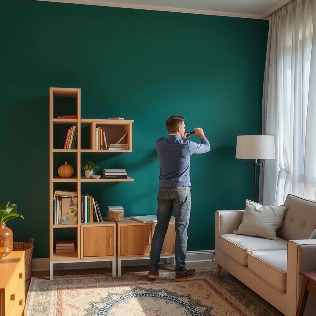 Photo-realistic editorial photography, realistic scene representing a man repairing shelves in living room