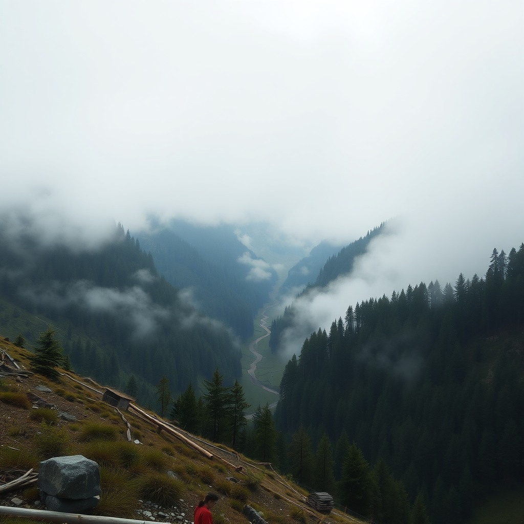 Photo-realistic editorial photography, realistic scene representing misty mountain valley
