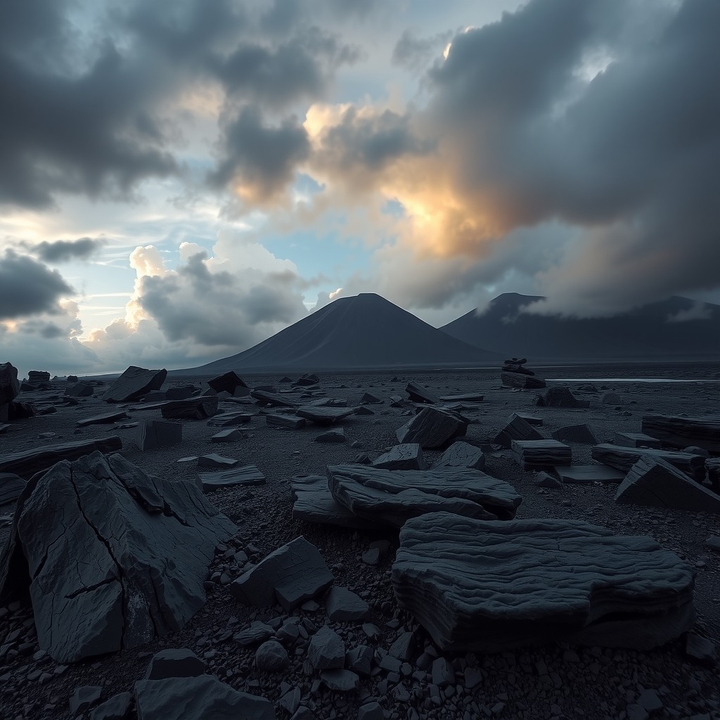 Photo-realistic volcanic landscape with dark lava rocks and dramatic clouds, natural contrast