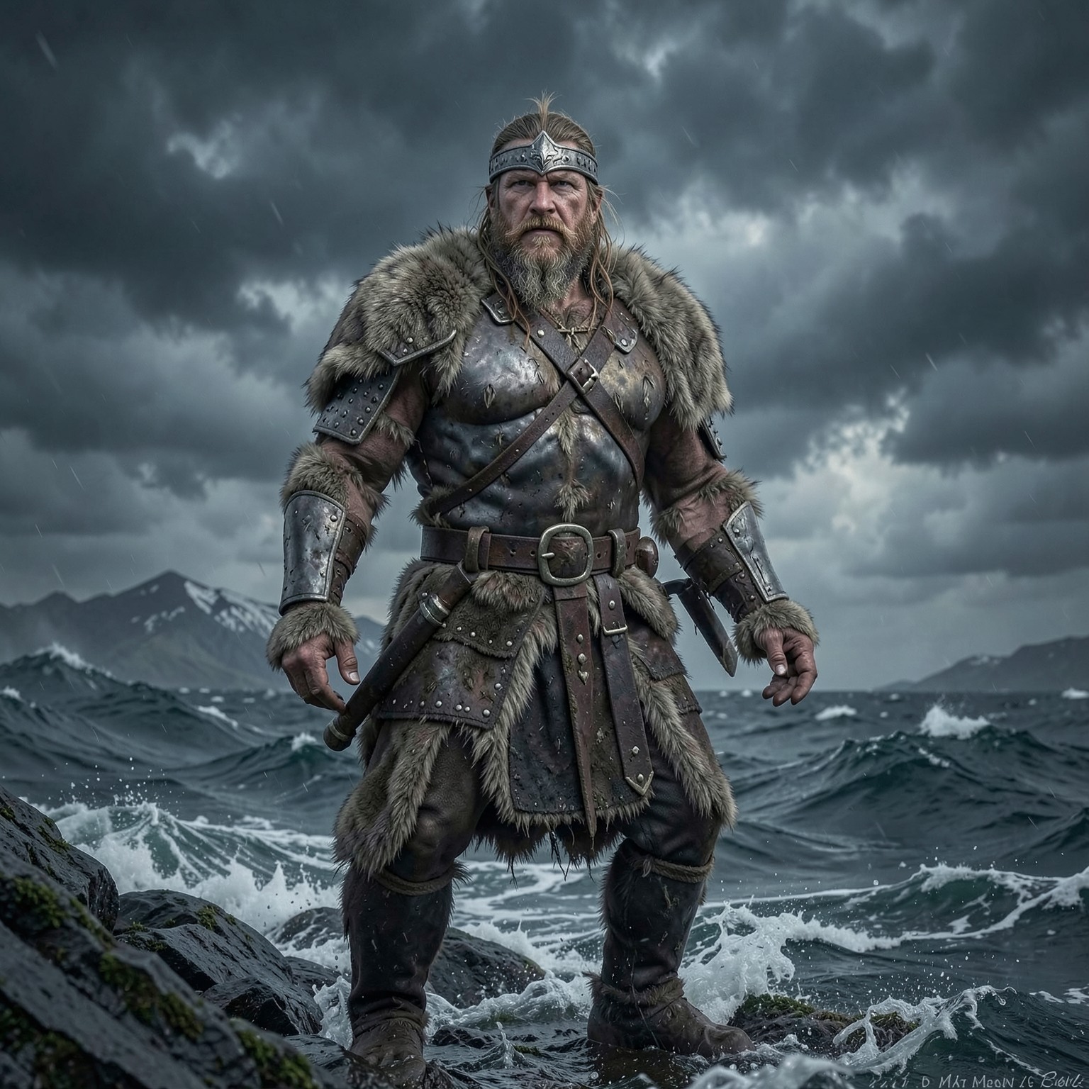 realistic Viking warrior on stormy sea, cinematic clouds, detailed armor