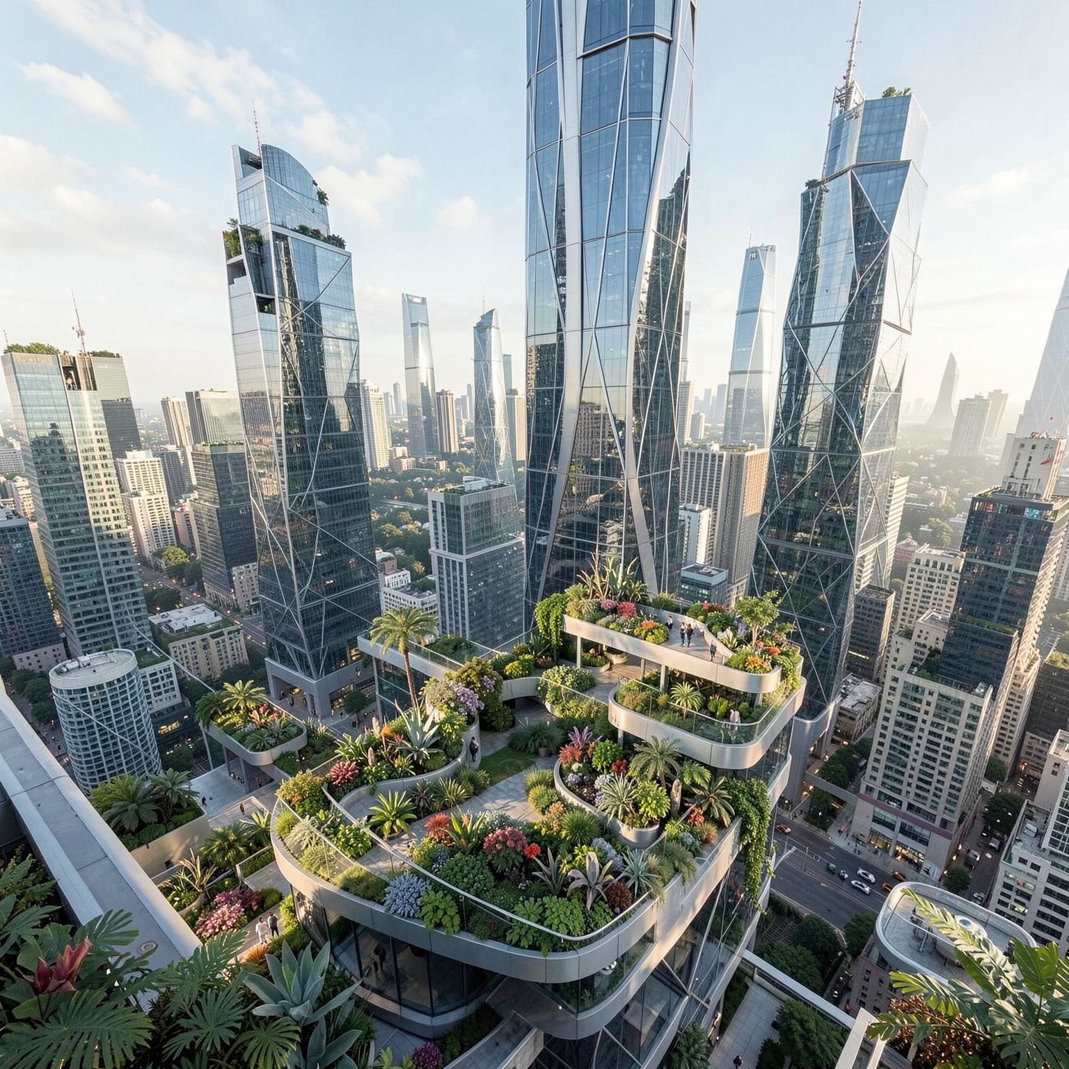 futuristic skyscraper rooftop garden in mega city