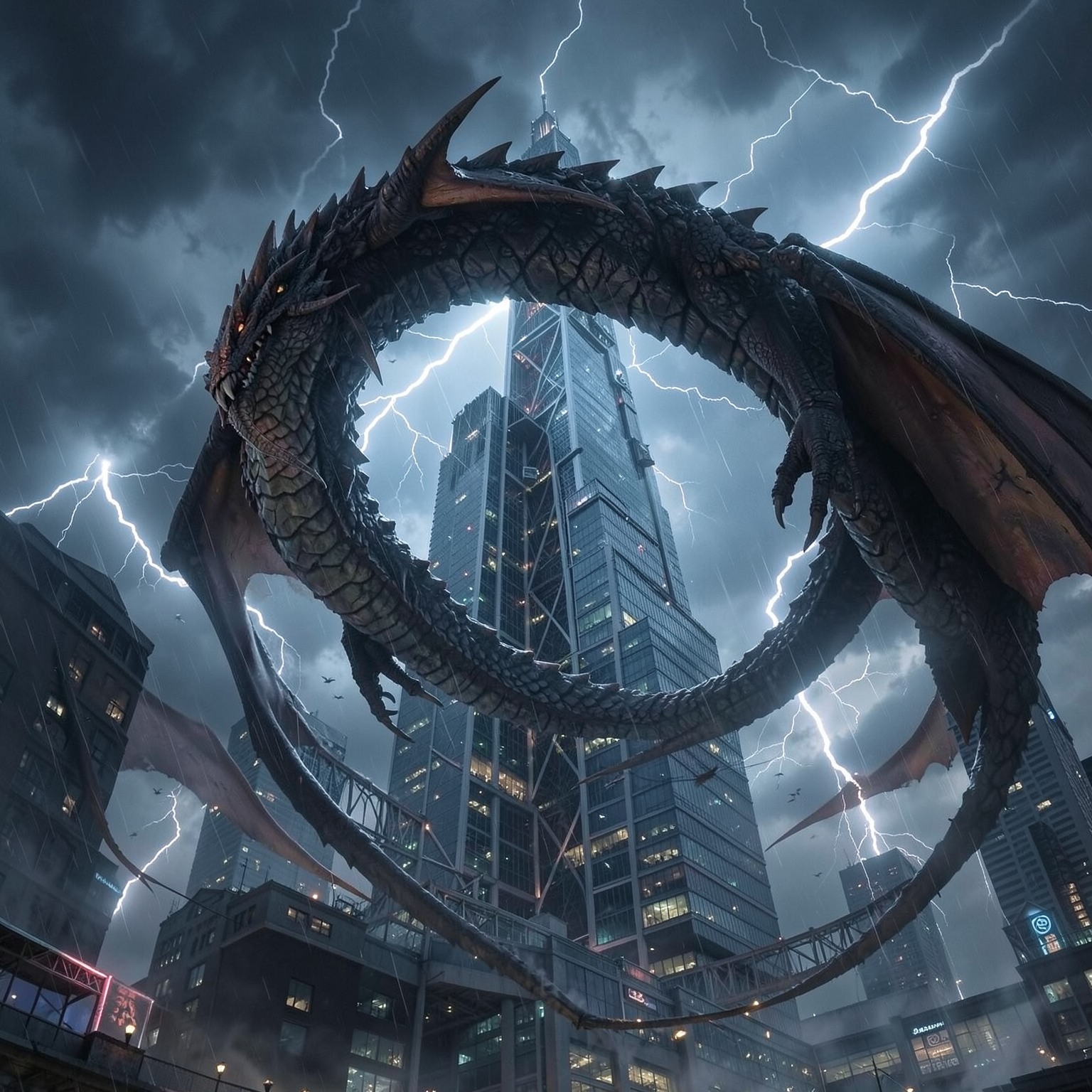 Dragon circling around futuristic skyscraper during thunderstorm