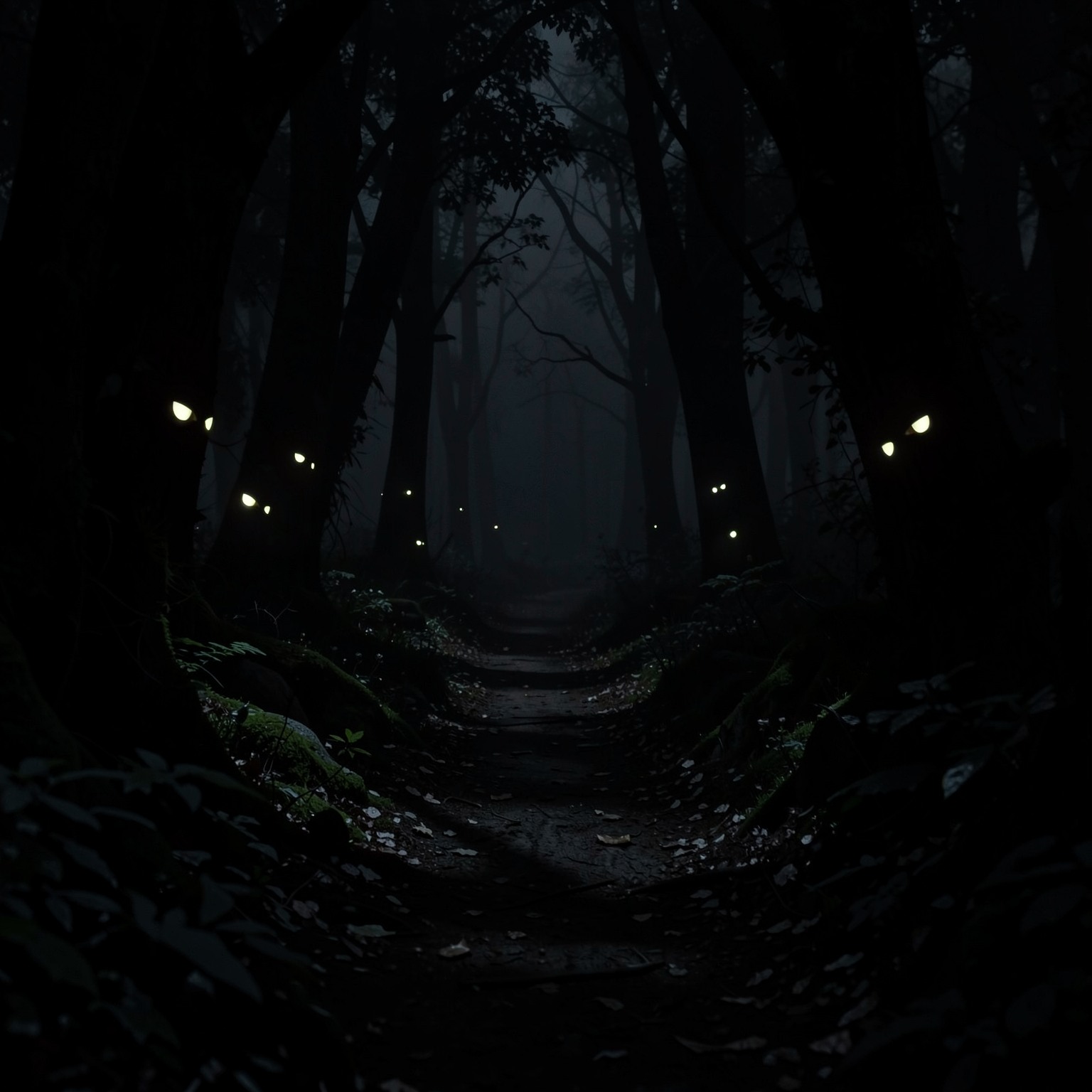dark mysterious forest path with glowing eyes in shadows