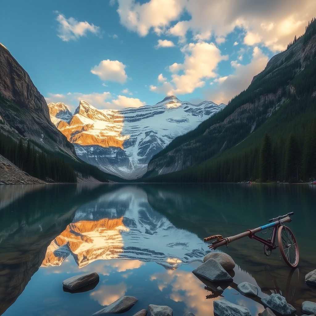 Photo-realistic editorial photography, realistic scene representing alpine lake