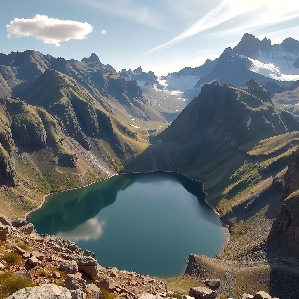 Realistic landscape of a high-altitude lake surrounded by rugged cliffs, cold natural light