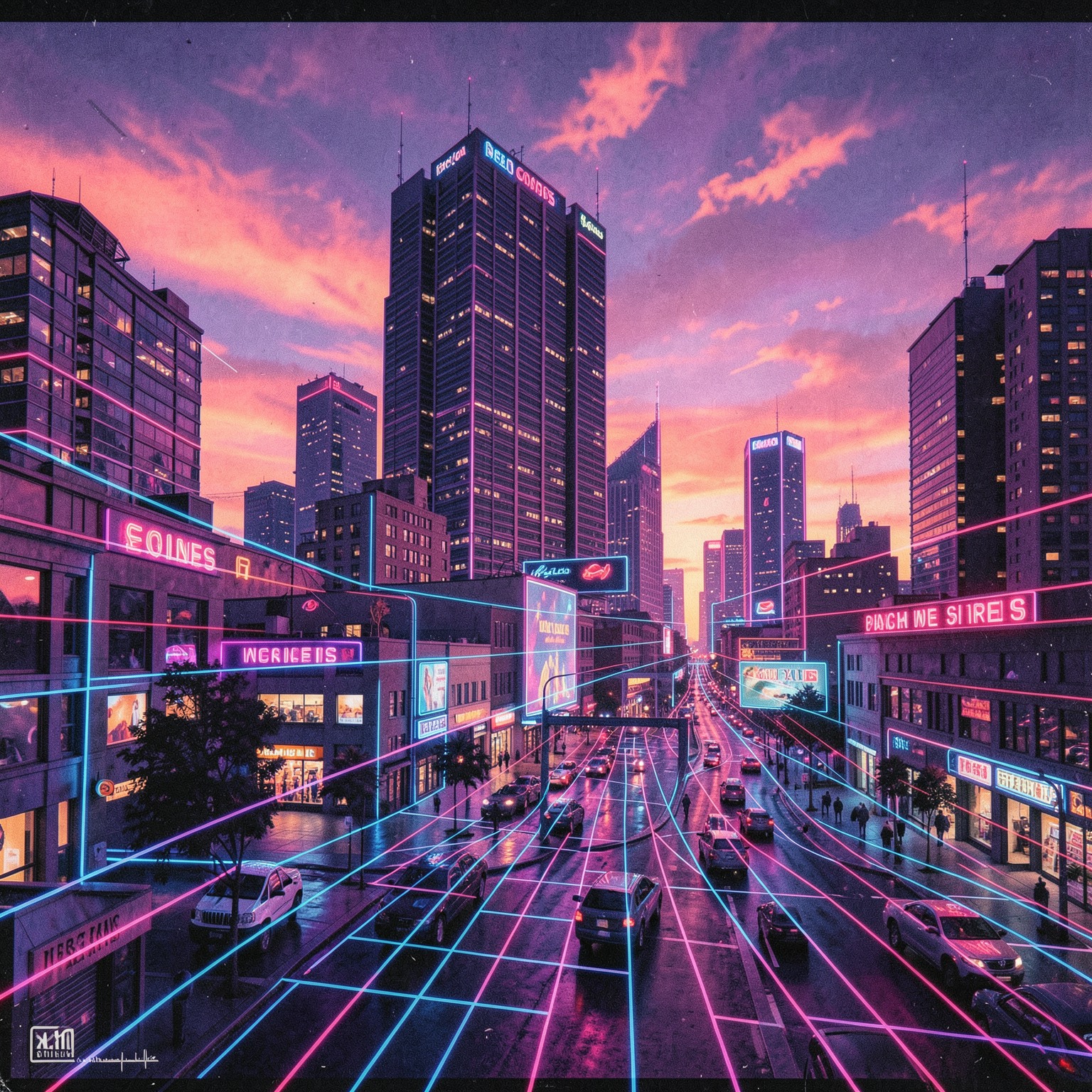 retro 1980s synthwave city at sunset with neon grid