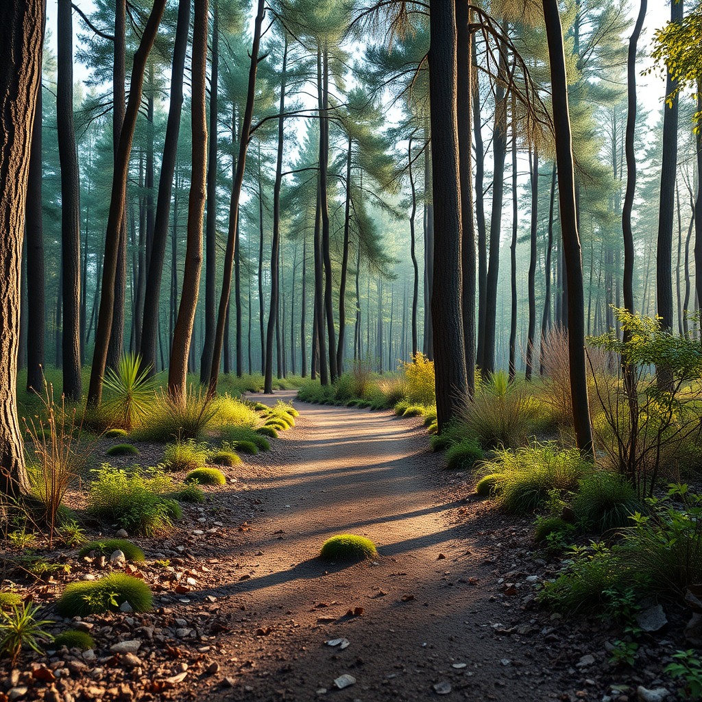 Photo-realistic editorial photography, realistic scene representing forest trail