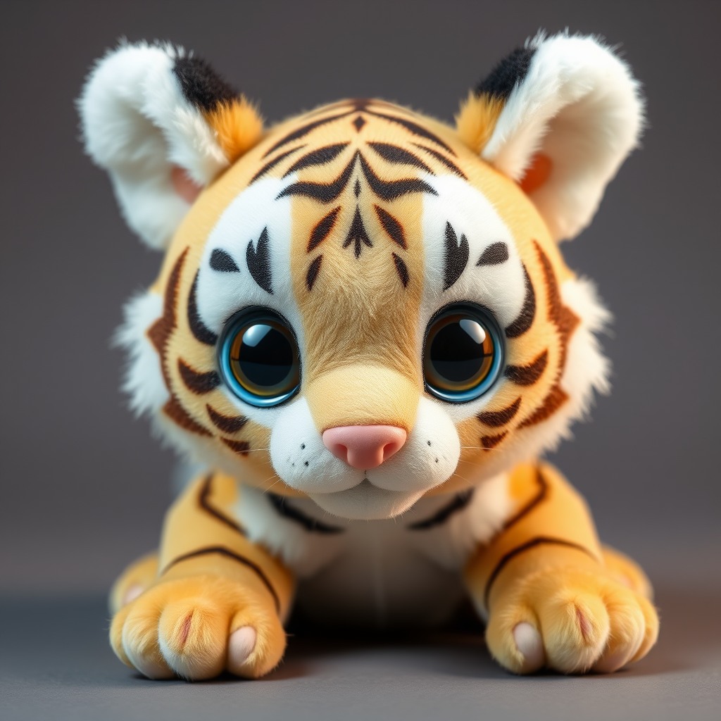 adorable baby tiger with plush toy proportions, big eyes, soft fur texture, pastel colors, studio lighting, ultra cute, high detail