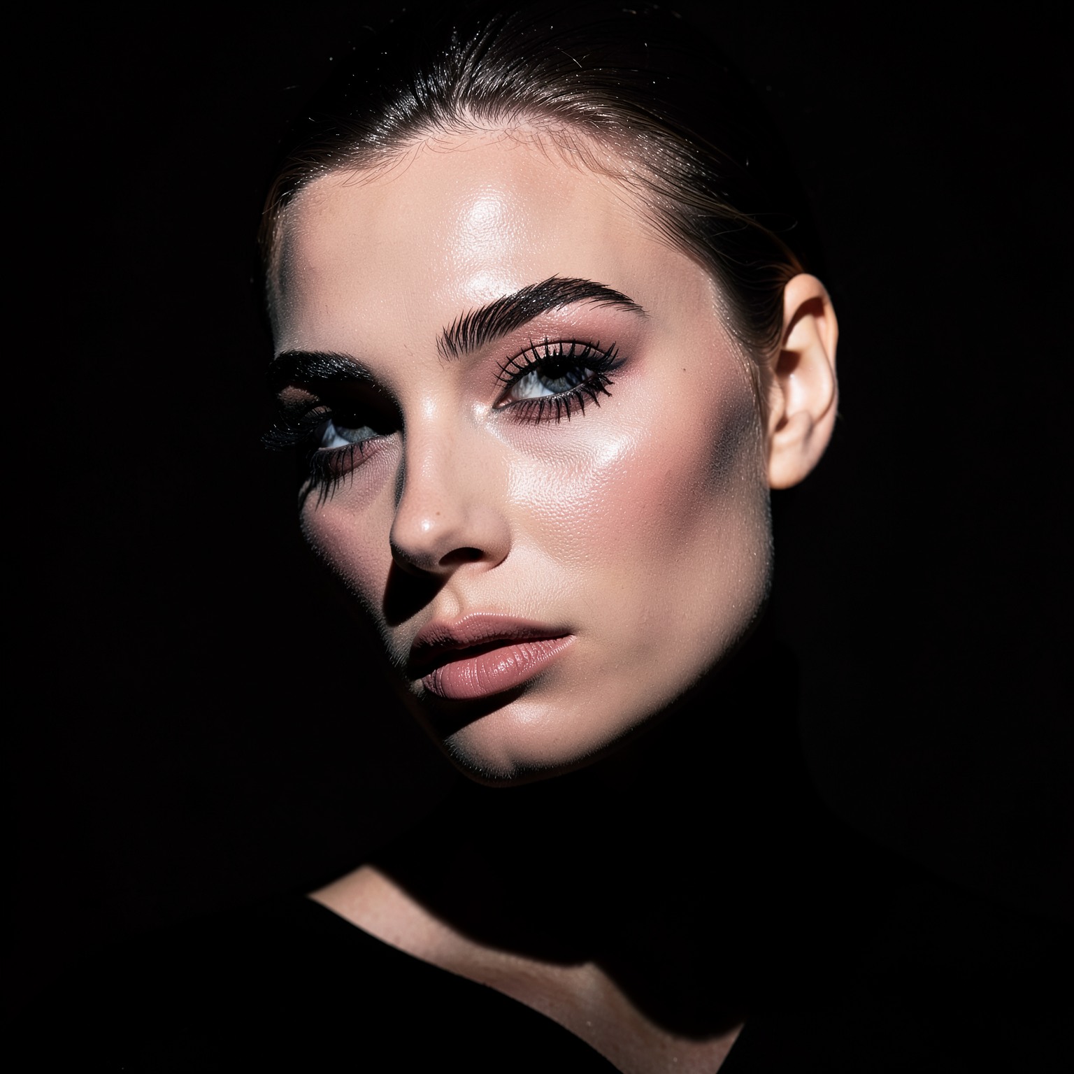 High-fashion beauty portrait with dramatic shadows and sharp jawline, studio lighting, ultra detailed
