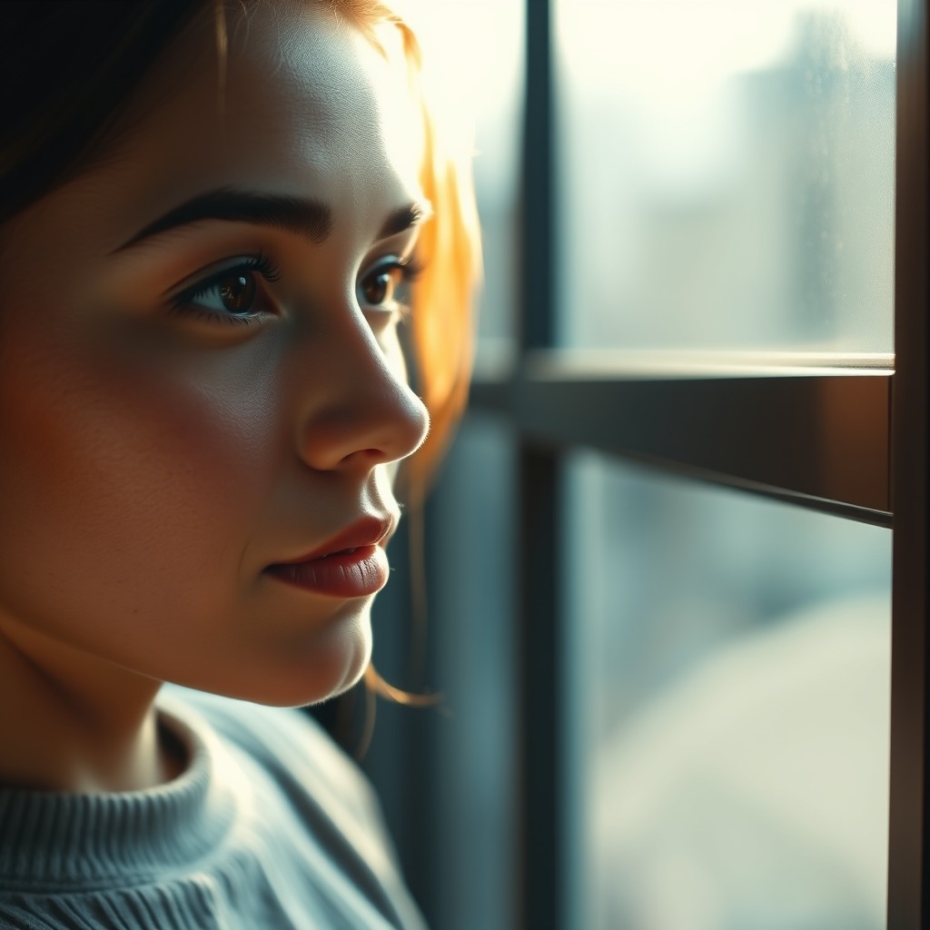 ultra realistic portrait of a young woman, natural skin texture, soft window light, 85mm lens, shallow depth of field, cinematic color grading