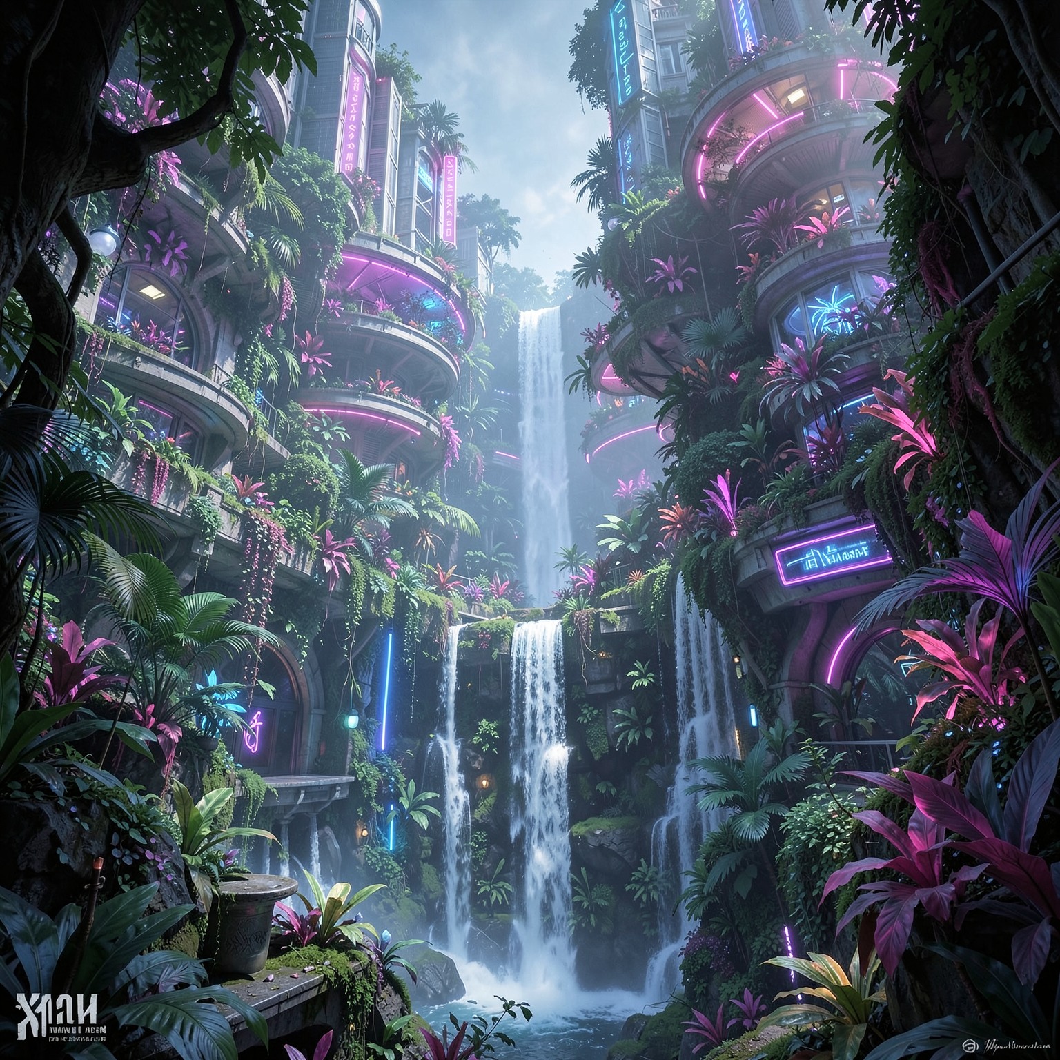Futuristic jungle city overgrown with neon plants and waterfalls