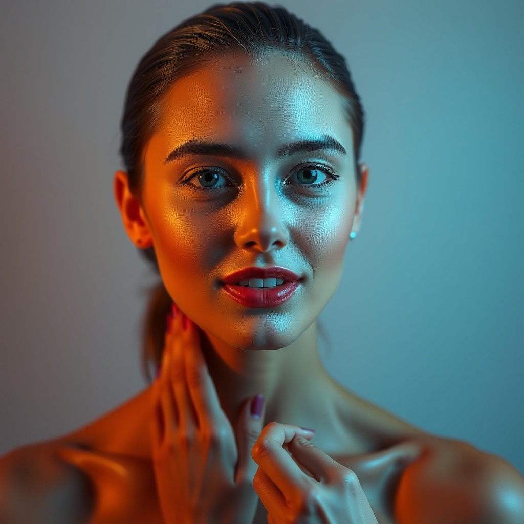 High-end fashion portrait of a beautiful woman, confident expression, flawless skin, studio lighting, soft shadows, minimal background, luxury editorial style, ultra-detailed, photorealistic, Vogue aesthetic, photorealistic cinematic, cinematic lighting