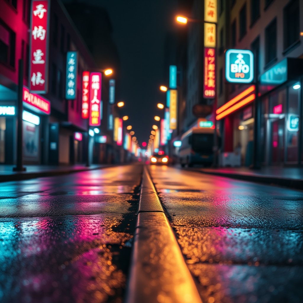 cinematic cyberpunk street at night, neon reflections on wet asphalt, ultra detailed, shallow depth of field, dramatic lighting, photorealistic