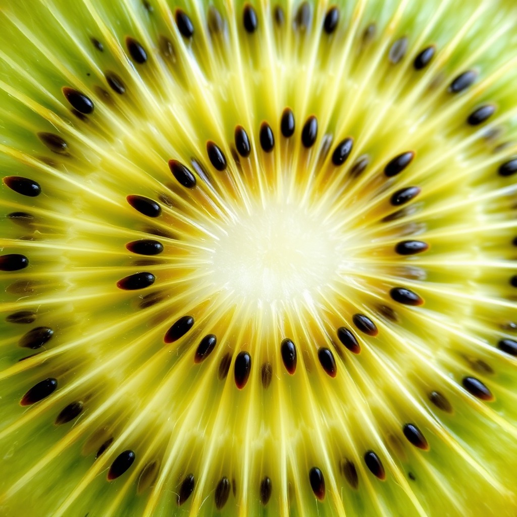 kiwi fruit cross section, extreme detail, vibrant green texture