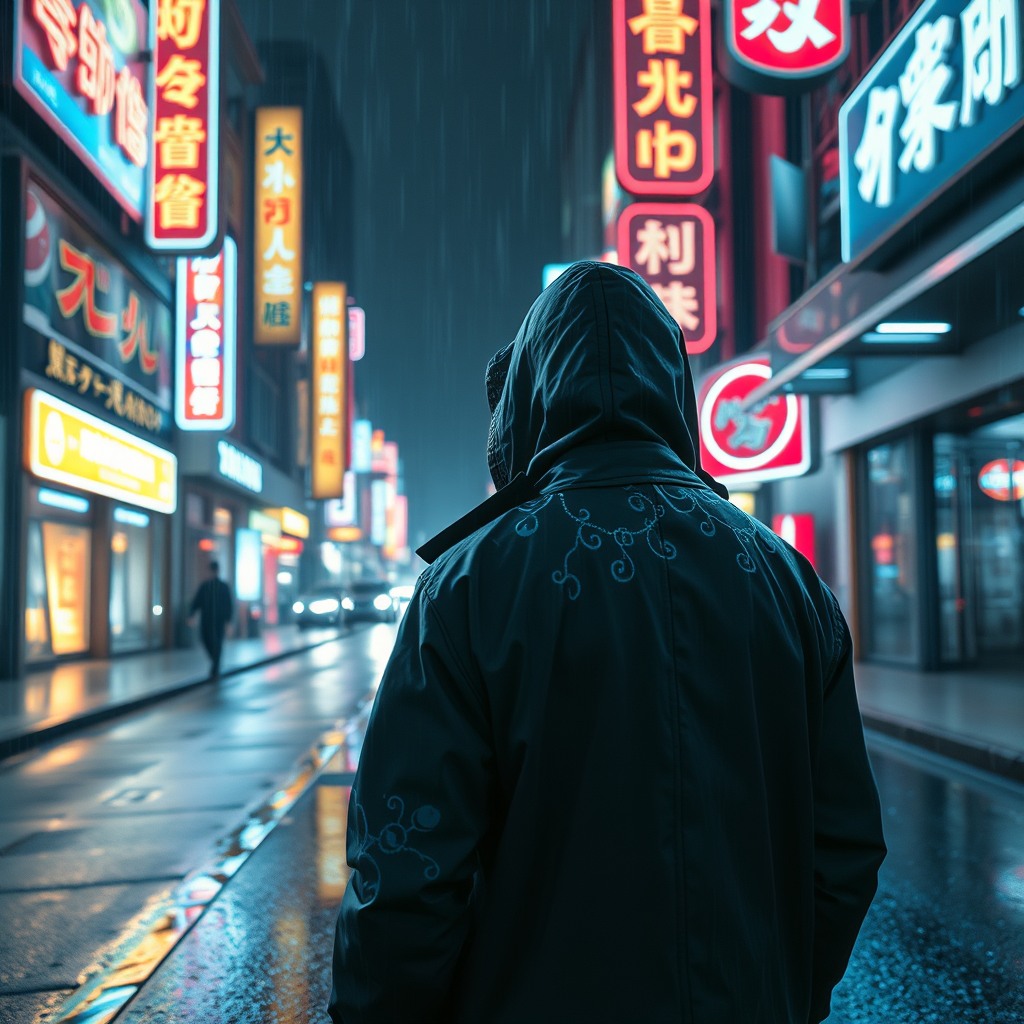 A futuristic cyberpunk street at night after rain, neon signs reflecting on wet asphalt,  a lone character wearing a hooded coat with subtle glowing patterns,  cinematic composition, ultra-detailed, sharp focus, realistic materials,  volumetric fog, depth of field, dramatic lighting, rim light, global illumination,  moody atmosphere, high contrast, film still, 35mm lens, low angle shot,  masterpiece, 8k quality