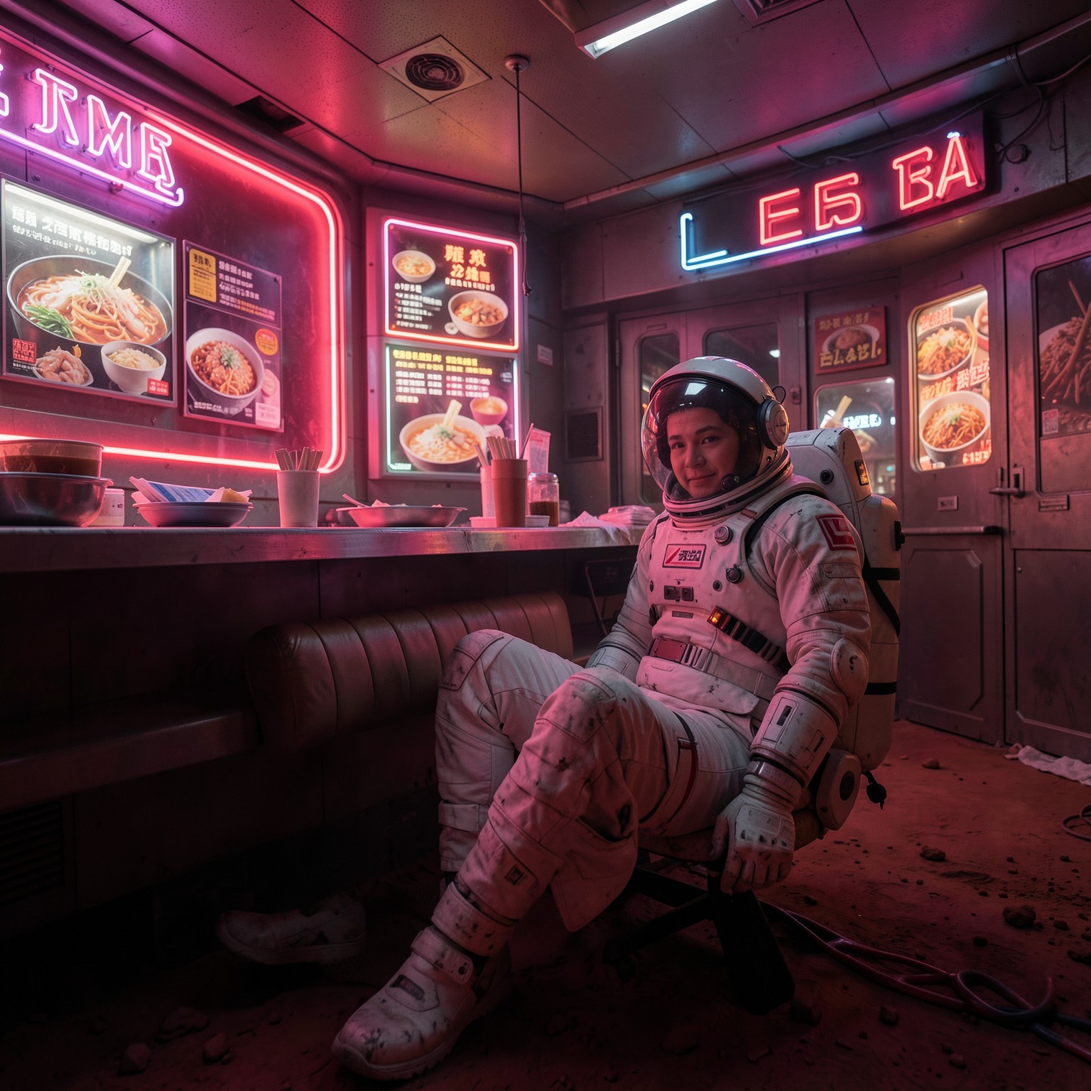 astronaut relaxing in a neon-lit ramen bar on Mars, cinematic sci-fi atmosphere