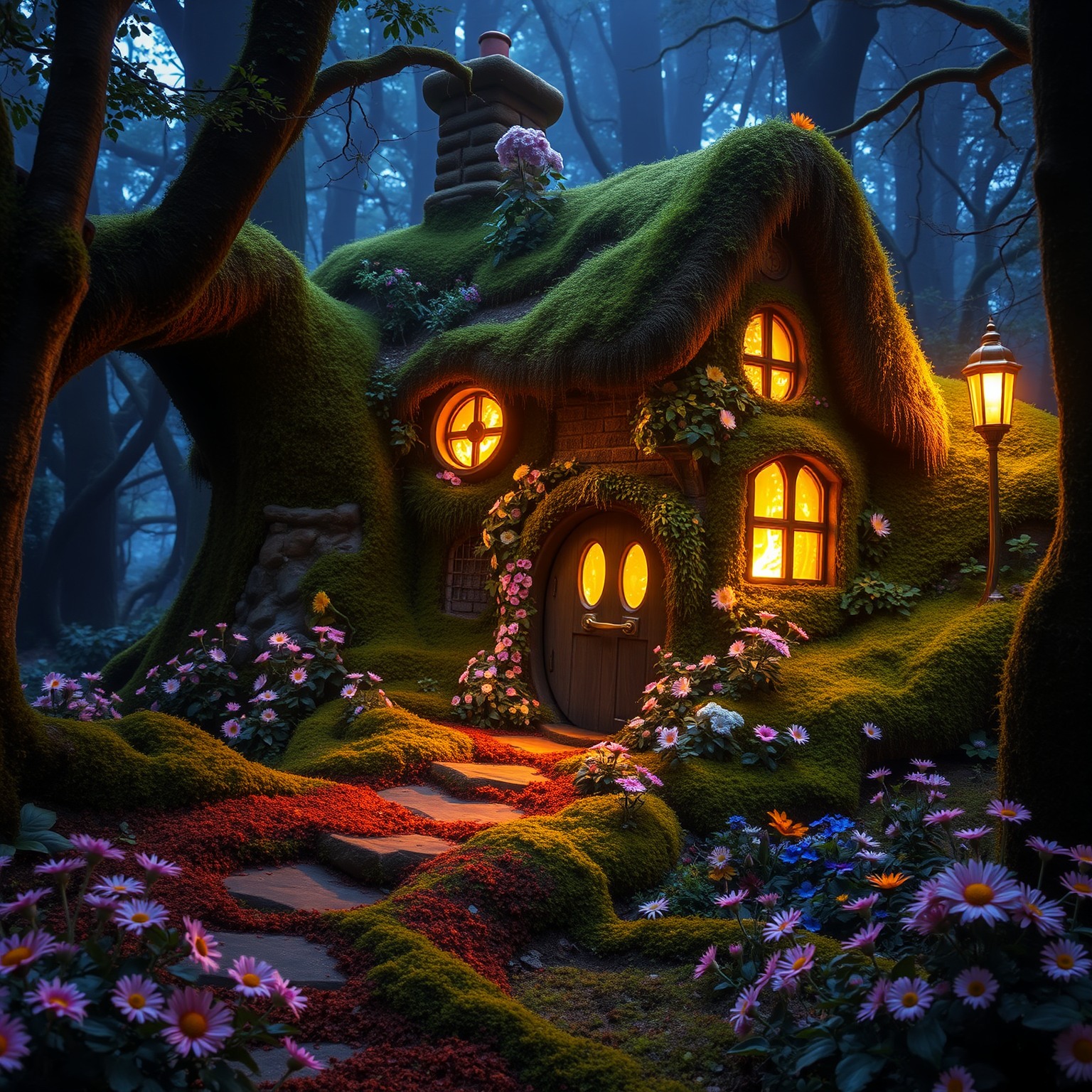A magical cottage hidden in an enchanted forest, with soft glowing lights emanating from the windows, overgrown with vibrant moss and flowers, evoking a sense of wonder.