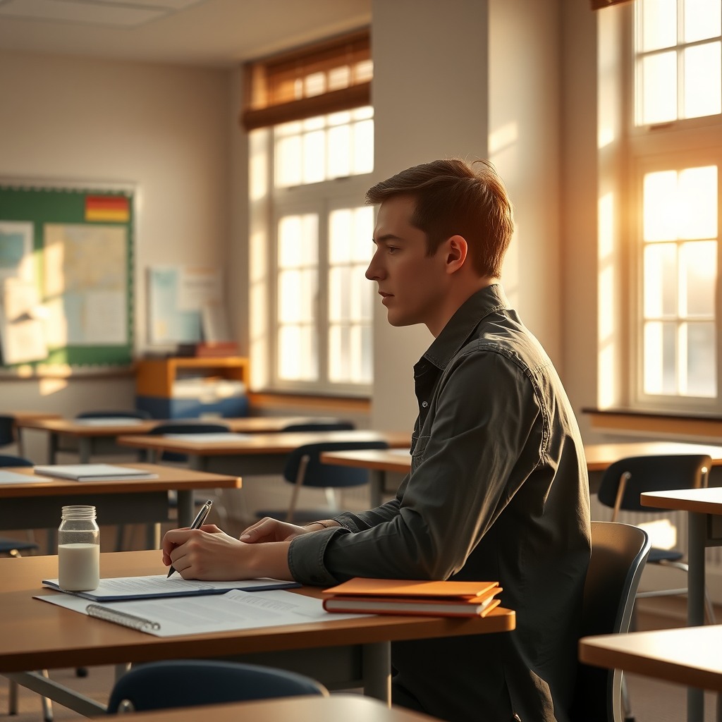 Photo-realistic editorial photography, realistic scene representing a teacher working at desk in classroom, daylight through windows
