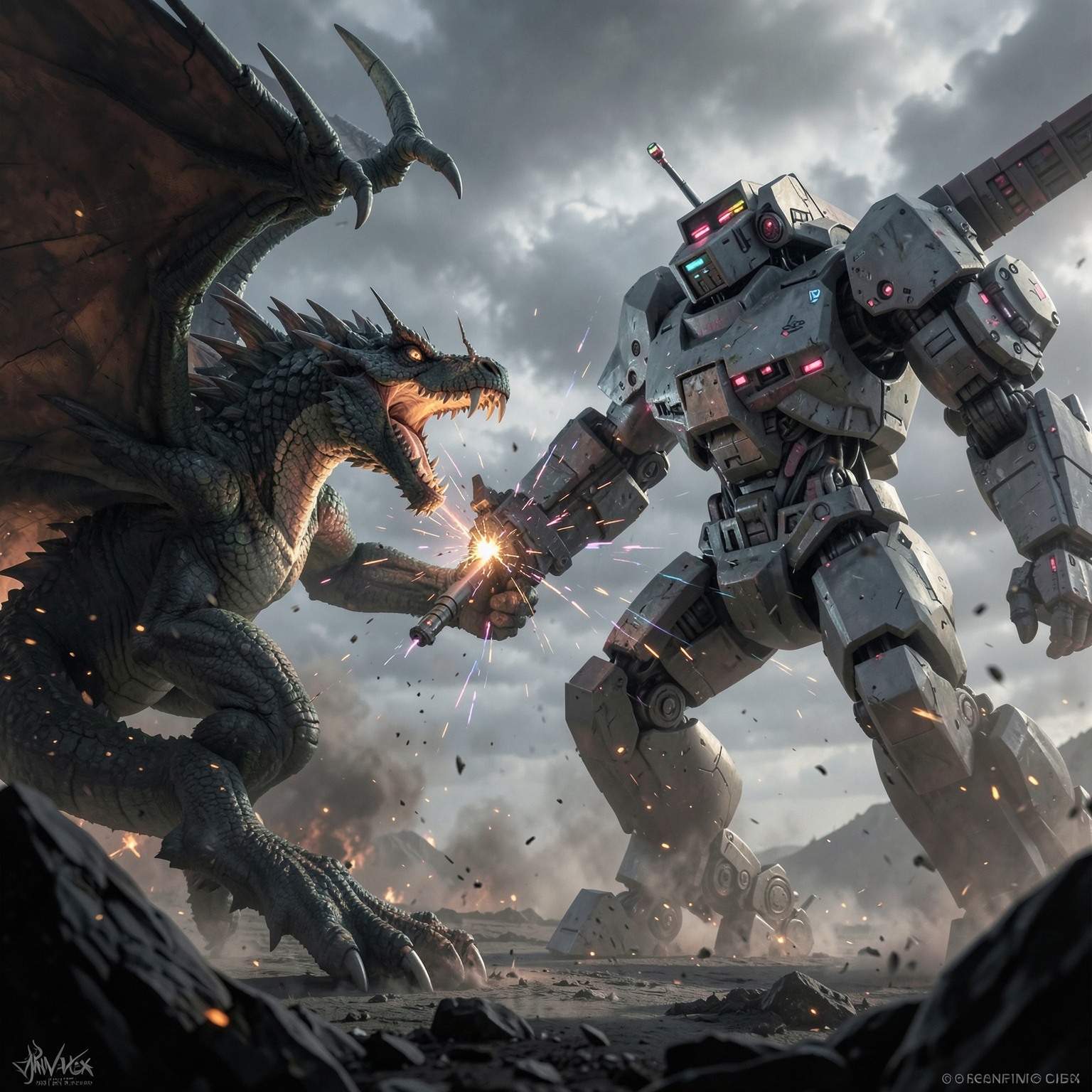 cinematic battle between dragon and giant robot